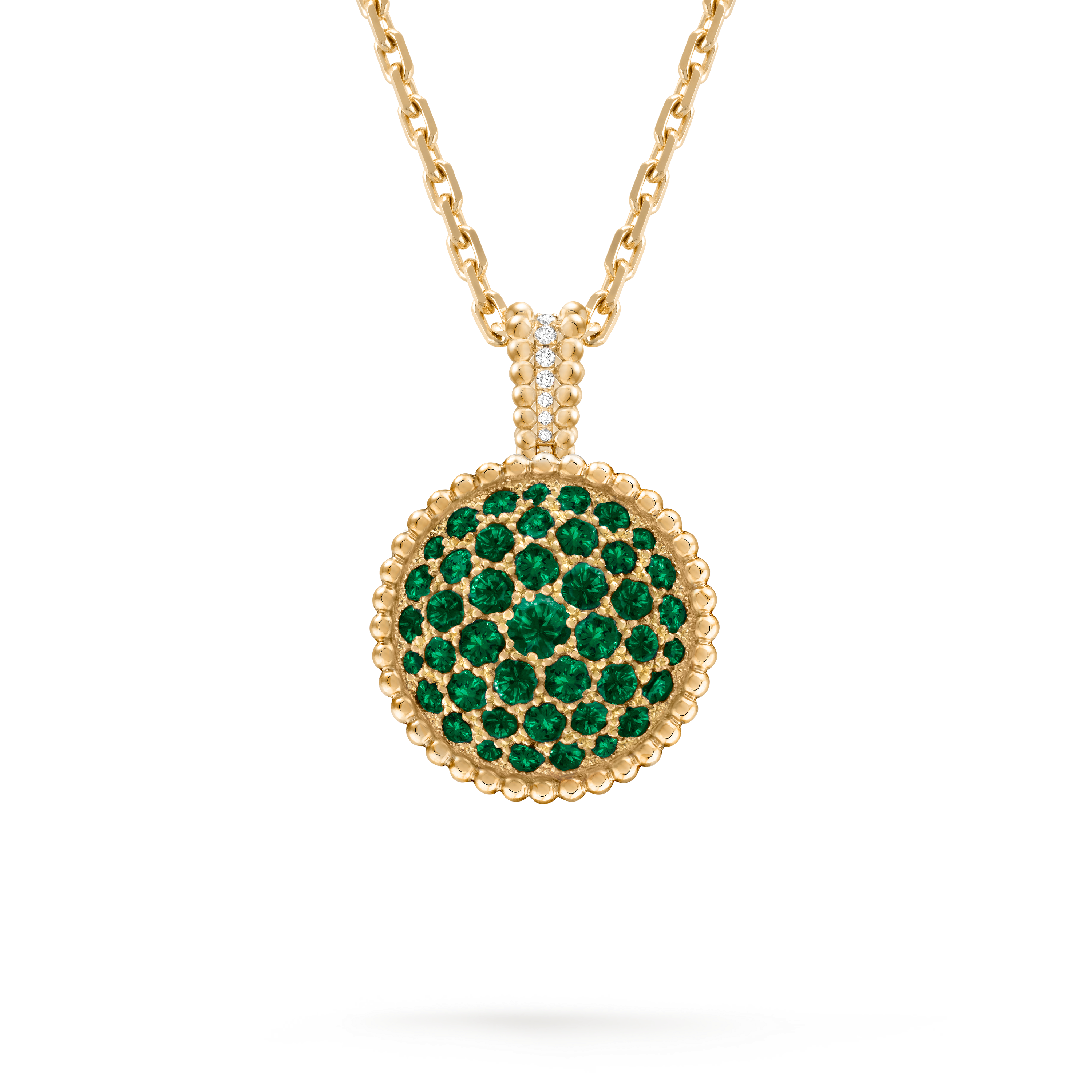 Perlée secret pendant watch, 18K yellow gold, Diamond:  40 stones,  0.92 carat, Emerald:  43 stones,  3.52 carats, Mother-of-pearl:  1 stone, Back, Watch - Van Cleef & Arpels