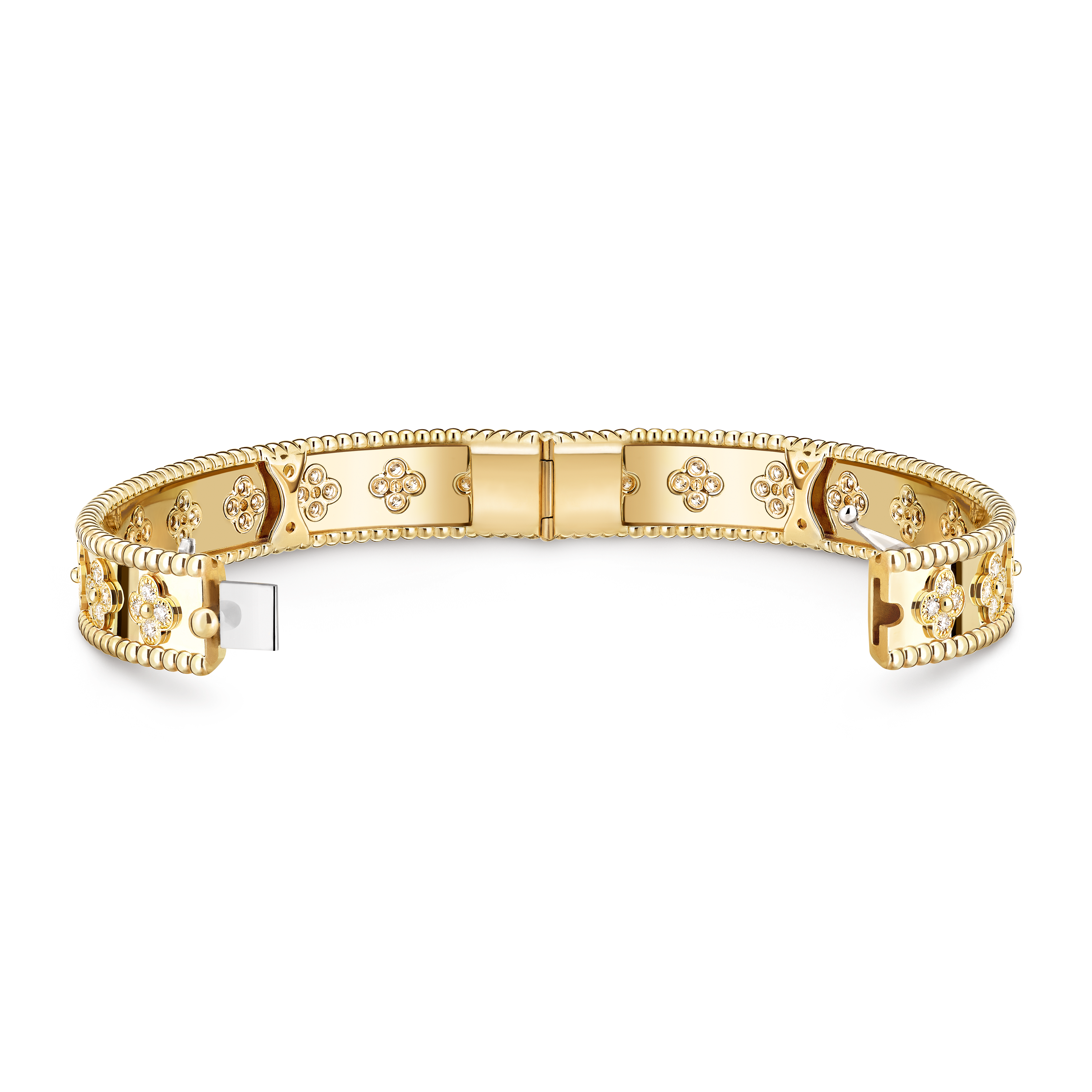 Perlée clovers bracelet, extra small model, 18K yellow gold, Diamond:  72 stones,  1.6 carats, Open, Jewelry Bracelet - Van Cleef & Arpels