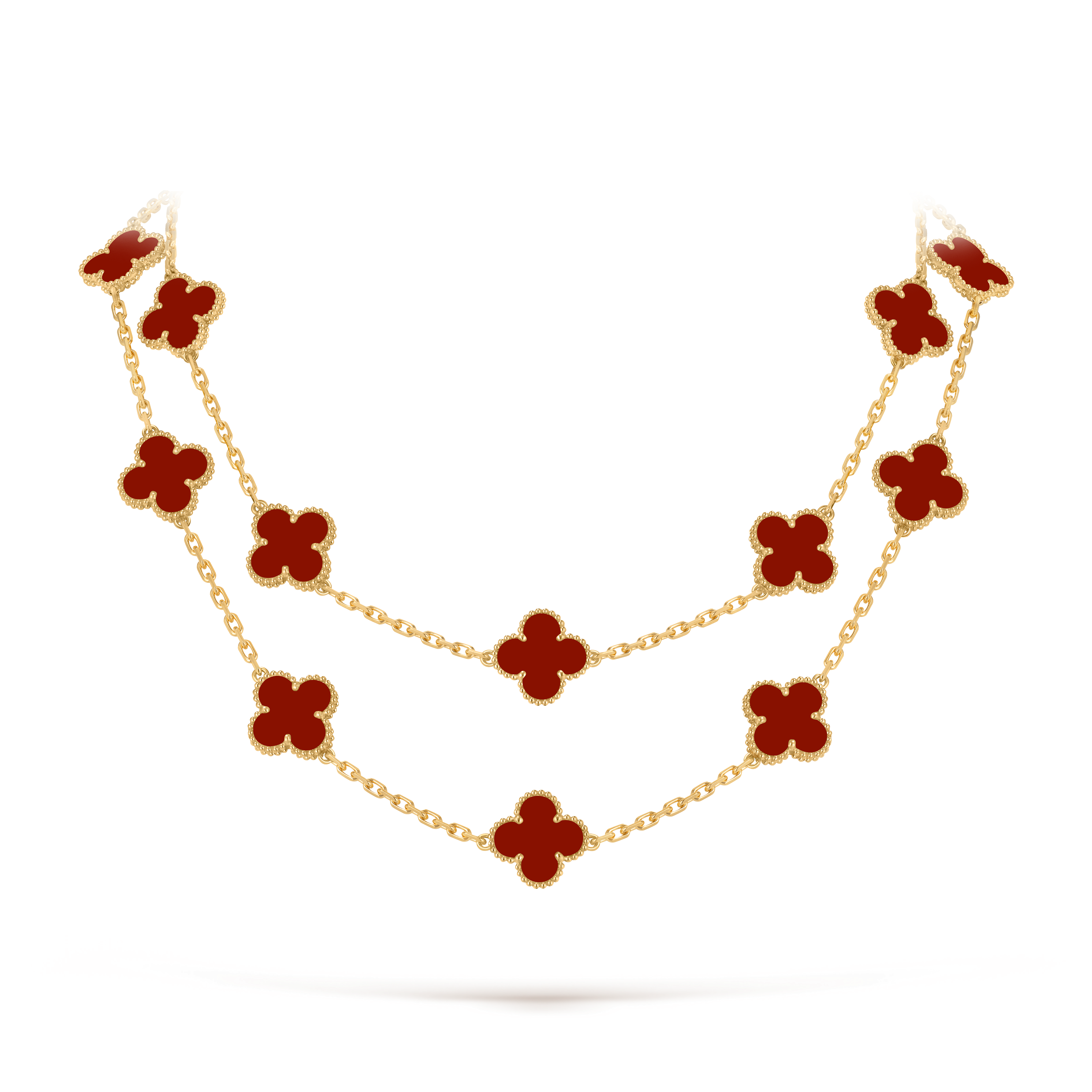 Vintage Alhambra long necklace, 20 motifs, 18K yellow gold, Carnelian:  20 stones, Detail, Jewelry Long Necklace - Van Cleef & Arpels