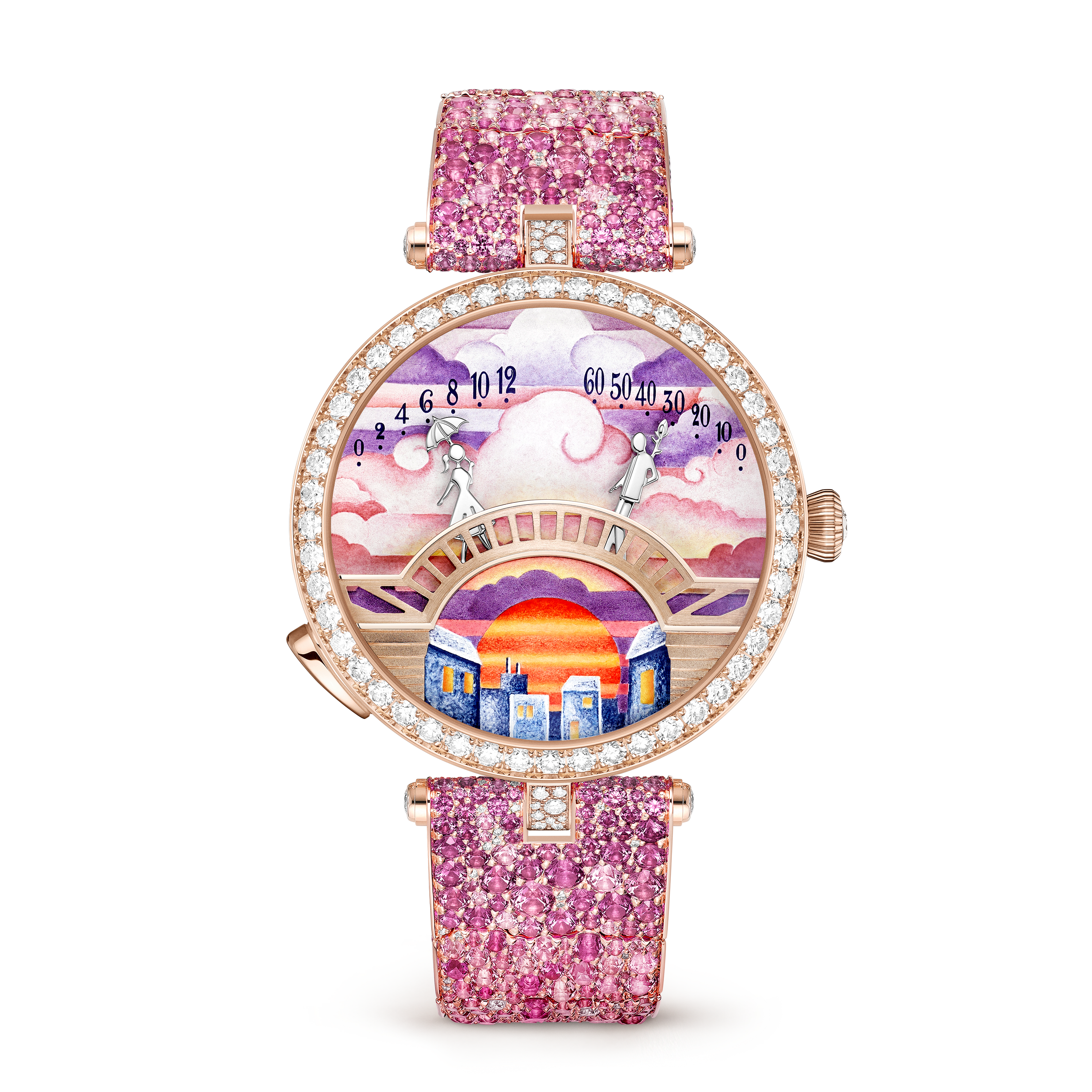 Lady Arpels Pont des Amoureux Soirée watch, 18K rose gold, Diamond:  903 stones,  11.78 carats, Sapphire:  639 stones,  18.82 carats, Front, Watch - Van Cleef & Arpels