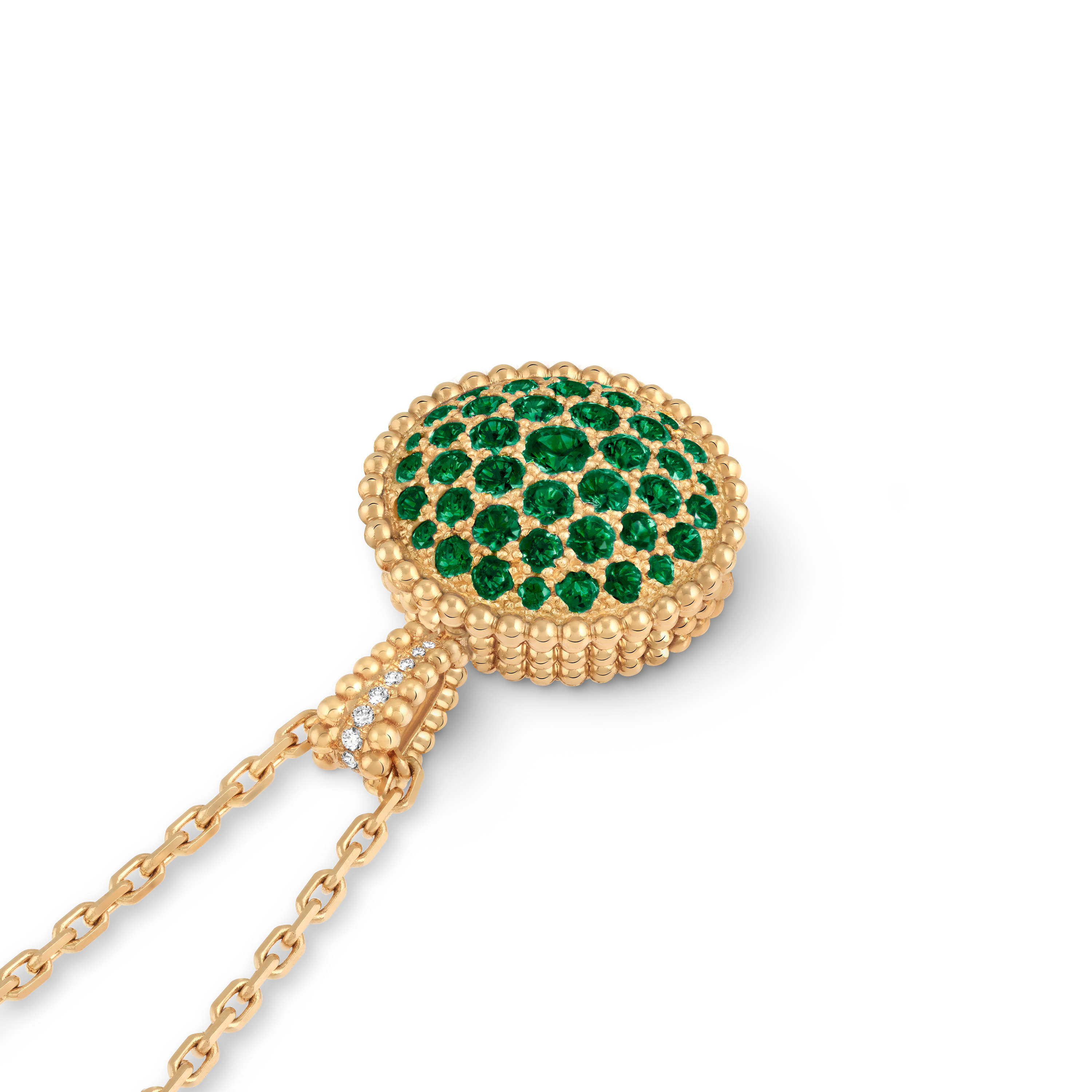 Perlée secret pendant watch, 18K yellow gold, Diamond:  40 stones,  0.92 carat, Emerald:  43 stones,  3.52 carats, Mother-of-pearl:  1 stone, Front Alternative, Watch - Van Cleef & Arpels