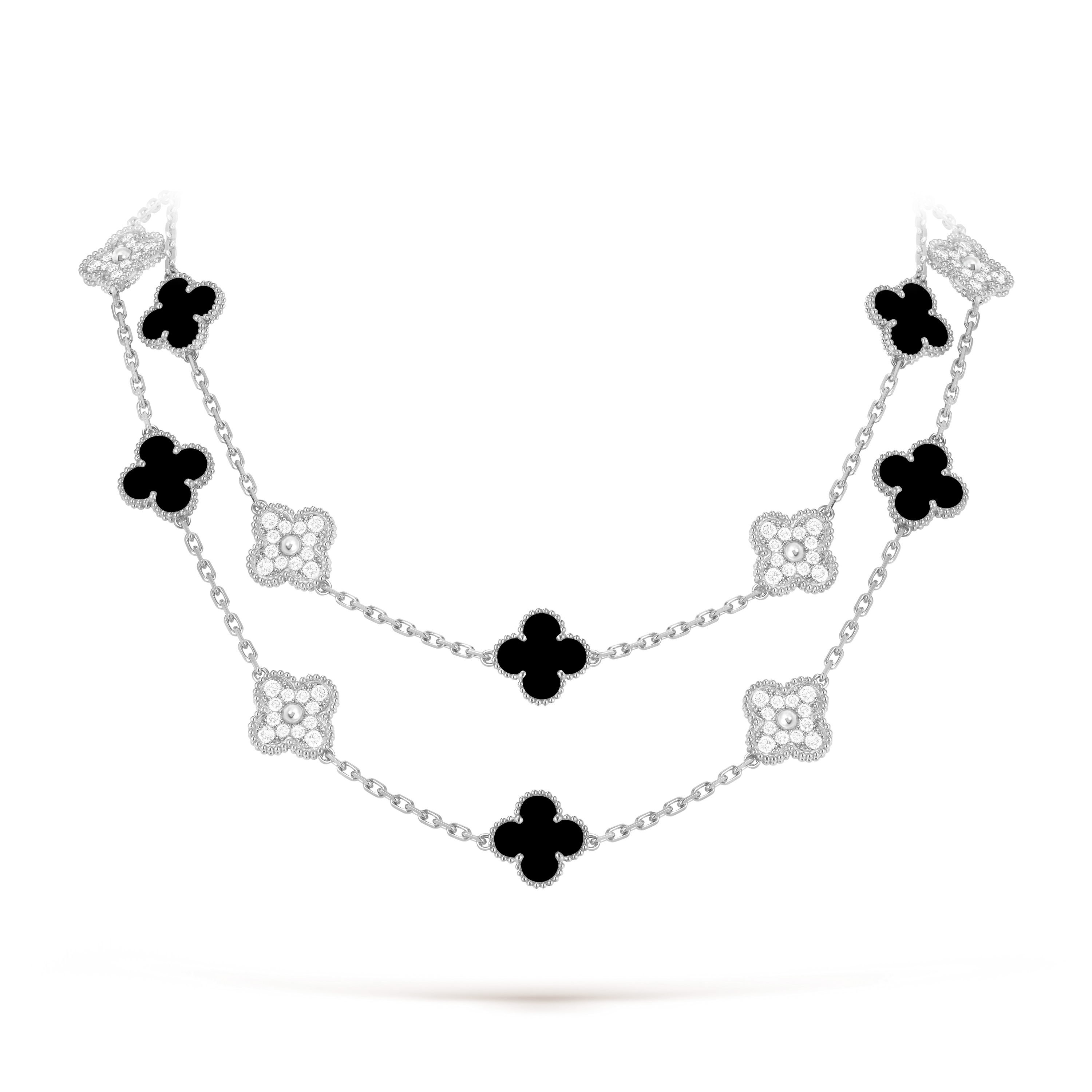 Vintage Alhambra长项链，20枚四叶幸运图案, 18K白金, 缟玛瑙:  10颗, 钻石:  120颗,  4.83 克拉, Detail, Jewelry Long Necklace_梵克雅宝_Van Cleef & Arpels