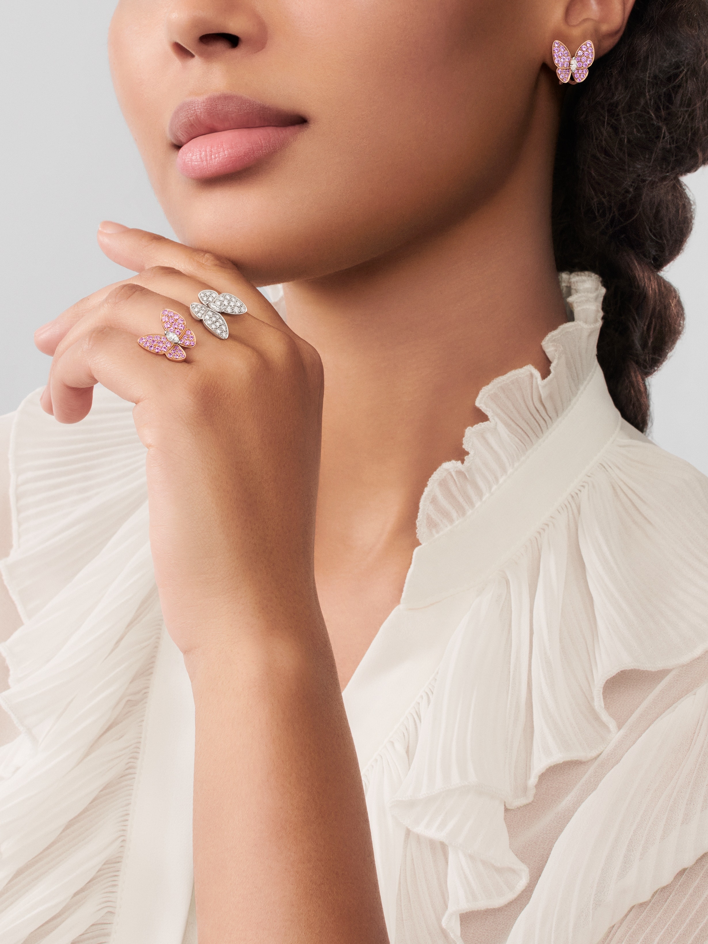 Two Butterfly earrings, 18K white gold, Diamond:  36 stones,  0.99 carat, Sapphire:  34 stones,  0.88 carat, Worn Alternative, Jewelry Earrings - Van Cleef & Arpels