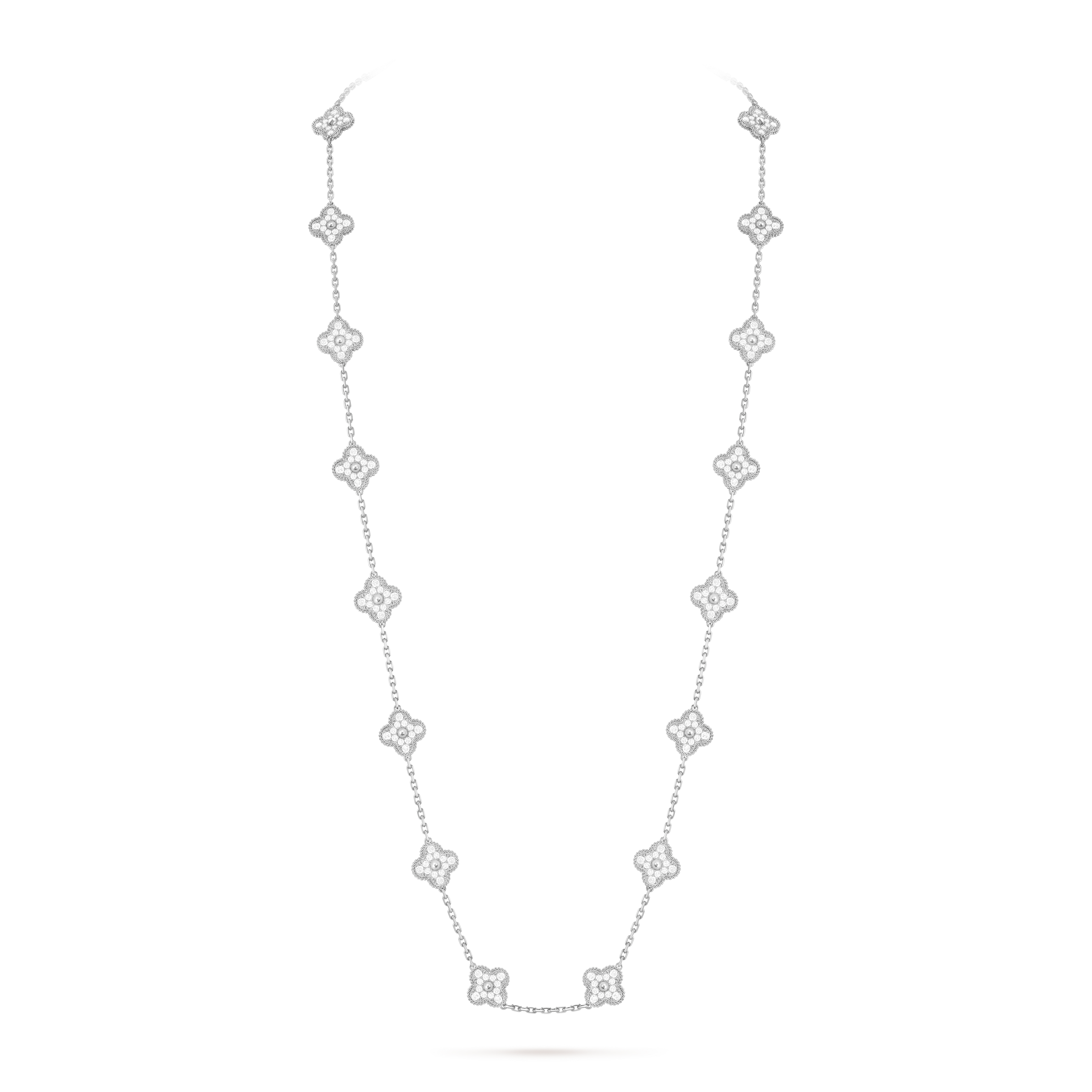 Vintage Alhambra long necklace, 20 motifs, 18K white gold, Diamond:  240 stones,  9.66 carats, On Stand, Jewelry Long Necklace - Van Cleef & Arpels