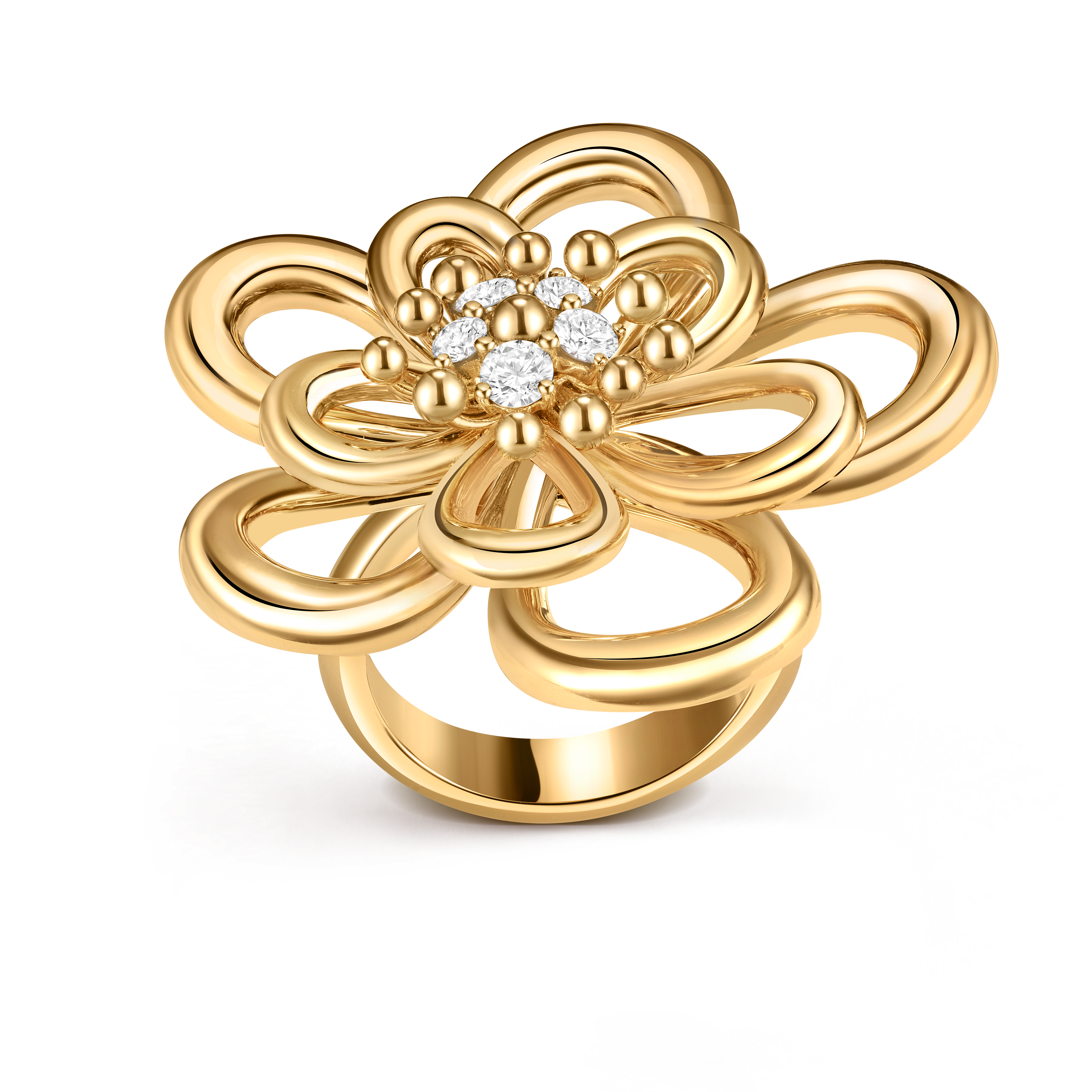 Flowerlace ring, 18K yellow gold, Diamond:  5 stones,  0.38 carat, Front, Jewelry Ring - Van Cleef & Arpels