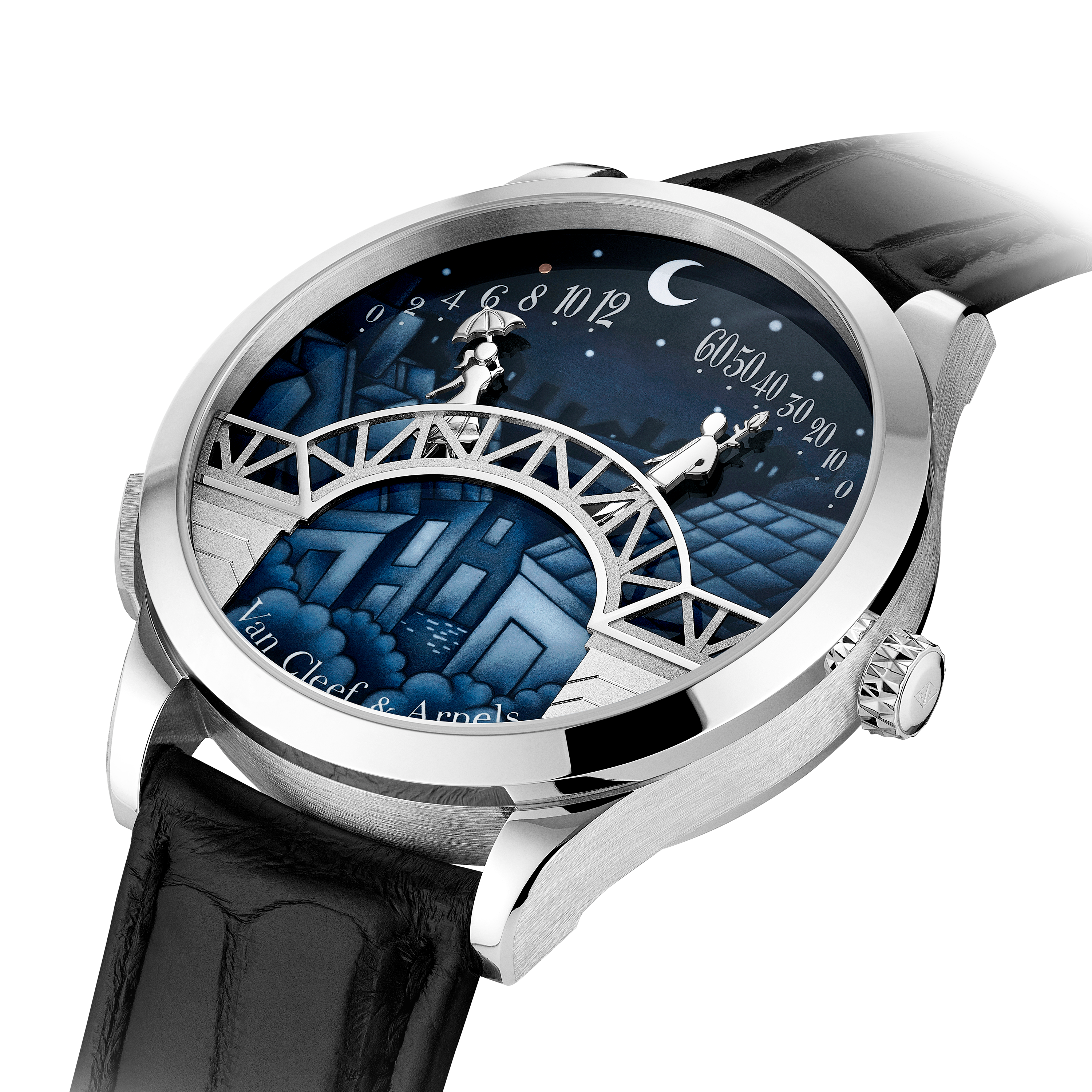 Midnight Pont des Amoureux watch, 18K white gold, Three Fourth, Watch - Van Cleef & Arpels