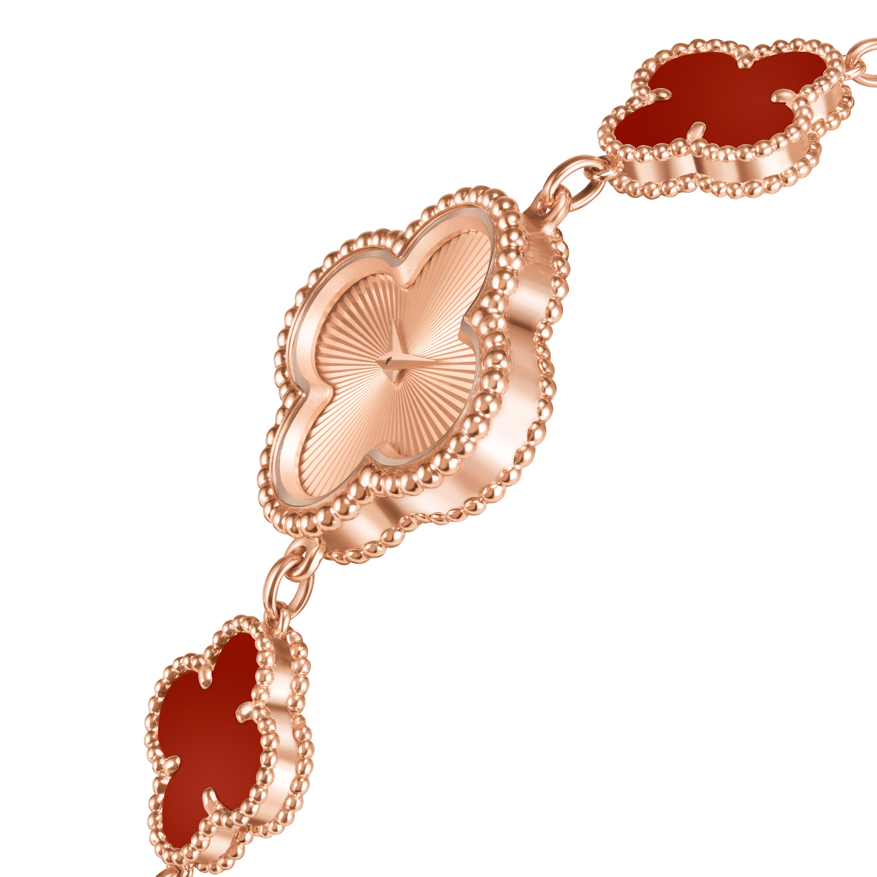Sweet Alhambra watch, 18K rose gold, Carnelian:  4 stones, Three Fourth, Watch - Van Cleef & Arpels