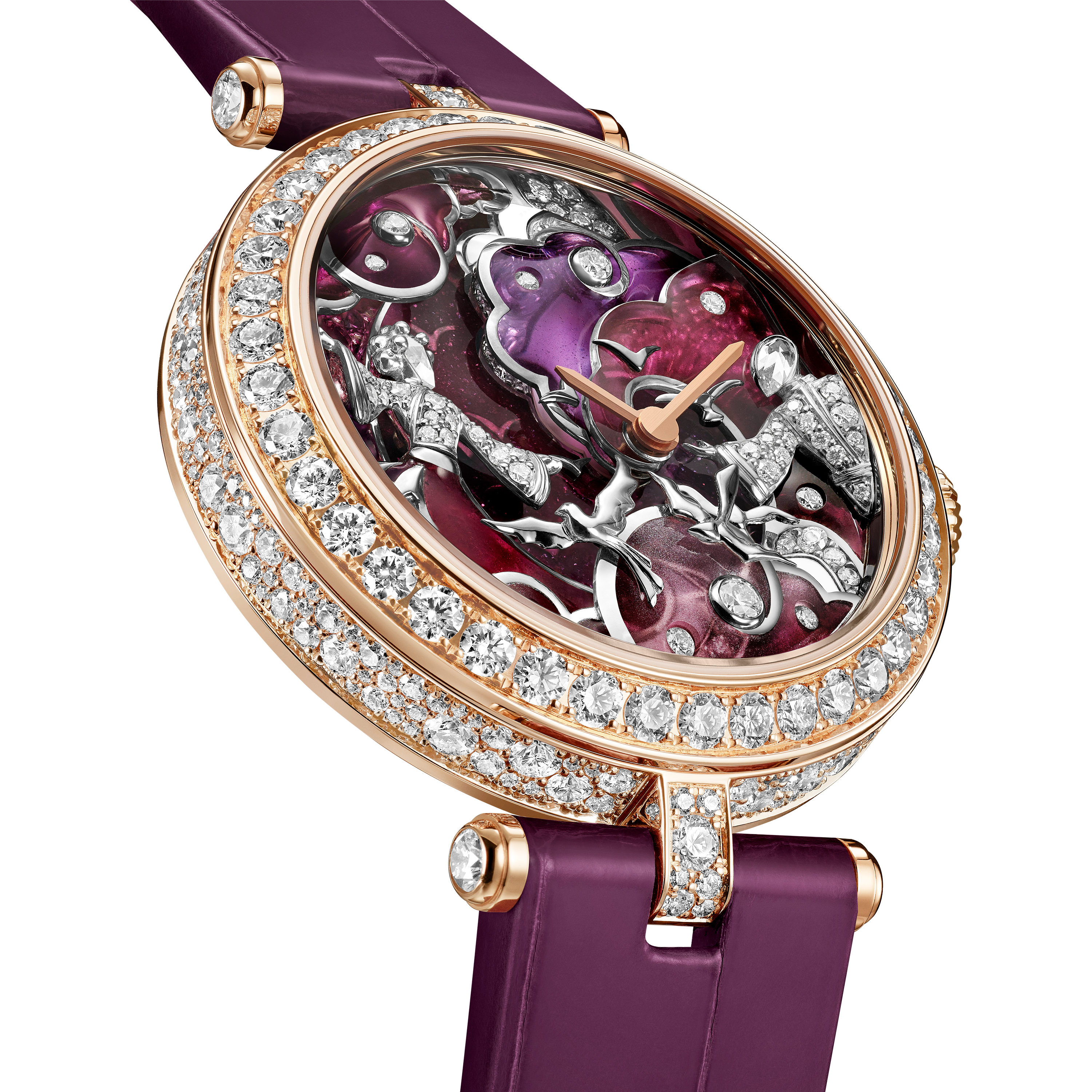 Lady Retrouvailles Célestes watch, 18K rose gold, Diamond:  403 stones,  4.64 carats, Mother-of-pearl:  5 stones, Sapphire:  31 stones,  1.44 carats, Three Fourth, Watch - Van Cleef & Arpels