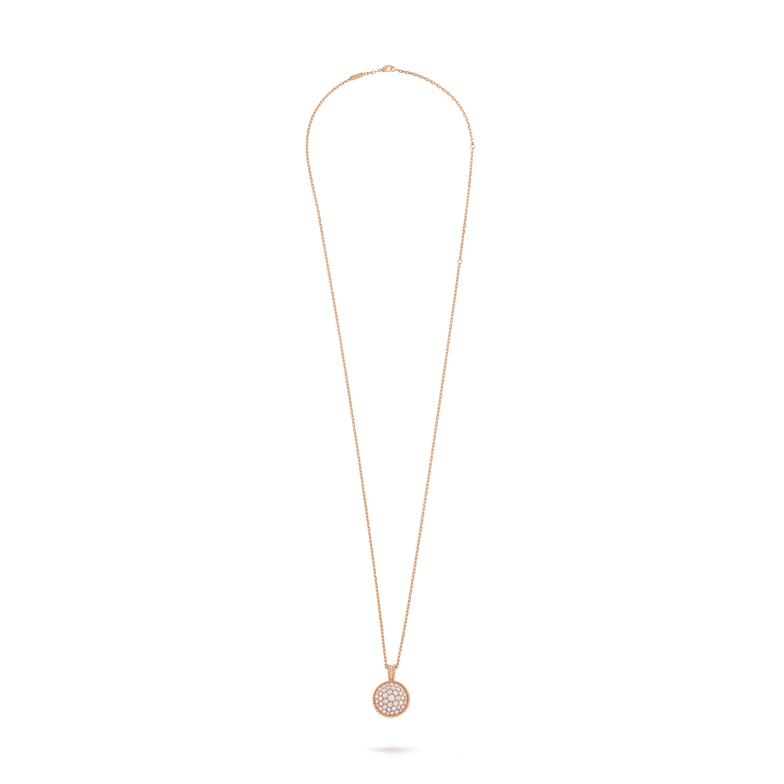 Perlée pendant watch, 18K rose gold, Diamond:  83 stones,  4.84 carats, Mother-of-pearl:  1 stone, Detail, Watch - Van Cleef & Arpels