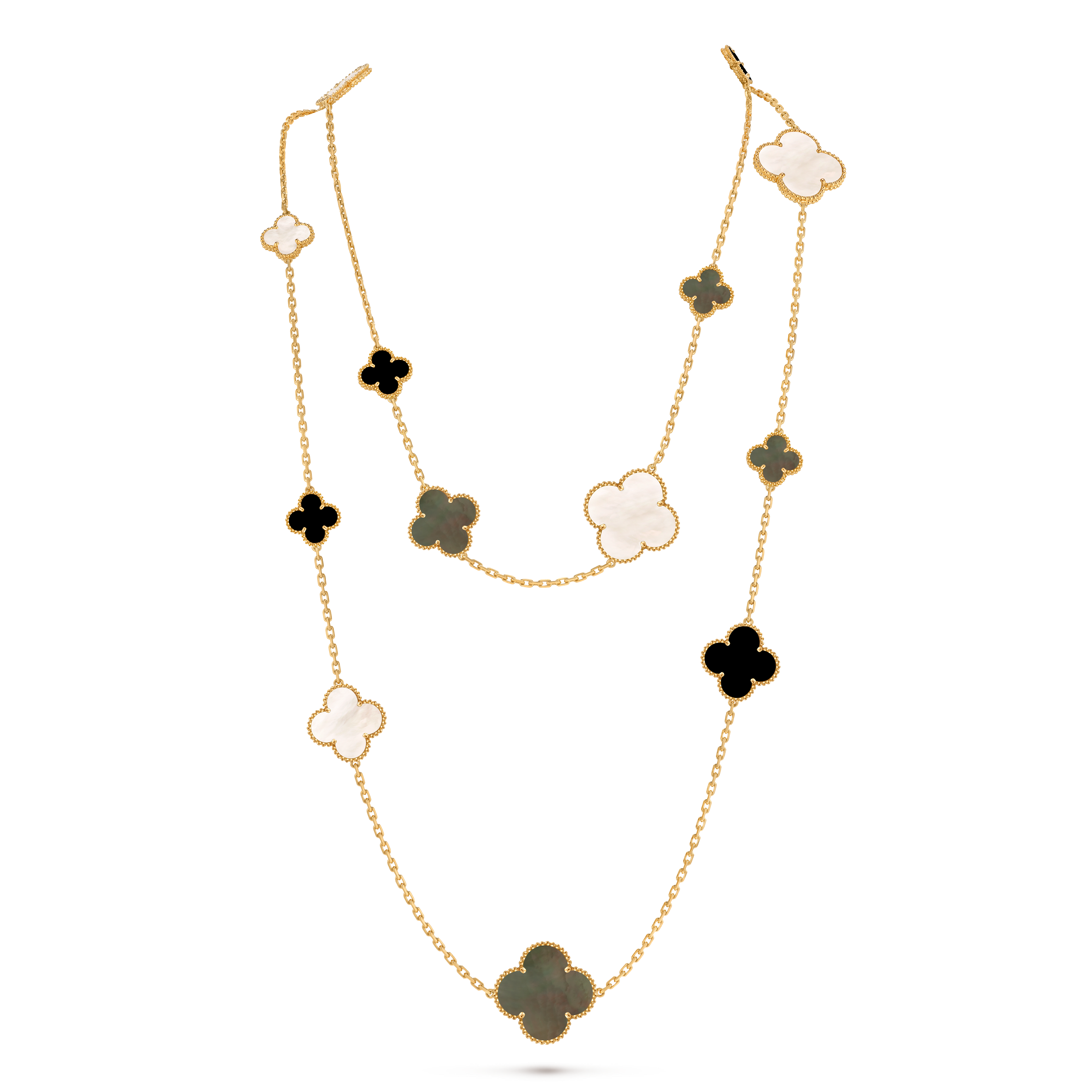 Magic Alhambra长项链，16枚四叶幸运图案, 18K黄金, 珍珠母贝:  13颗, 缟玛瑙:  4颗, Detail, Jewelry Long Necklace_梵克雅宝_Van Cleef & Arpels