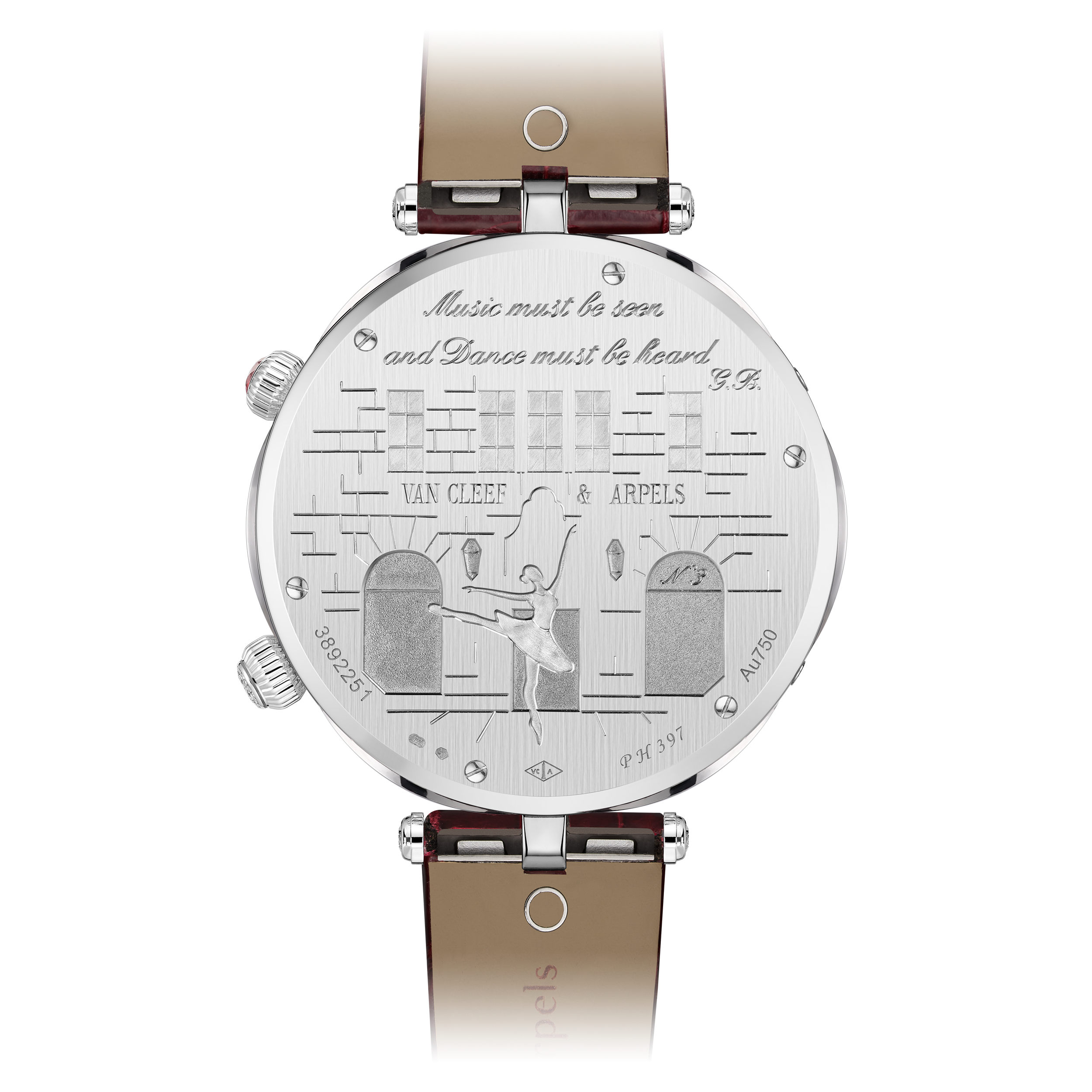 Lady Arpels Ballerine Musicale Rubis watch, 18K white gold, Diamond:  733 stones,  7.69 carats, Ruby:  1 stone,  0.21 carat, Back, Watch - Van Cleef & Arpels