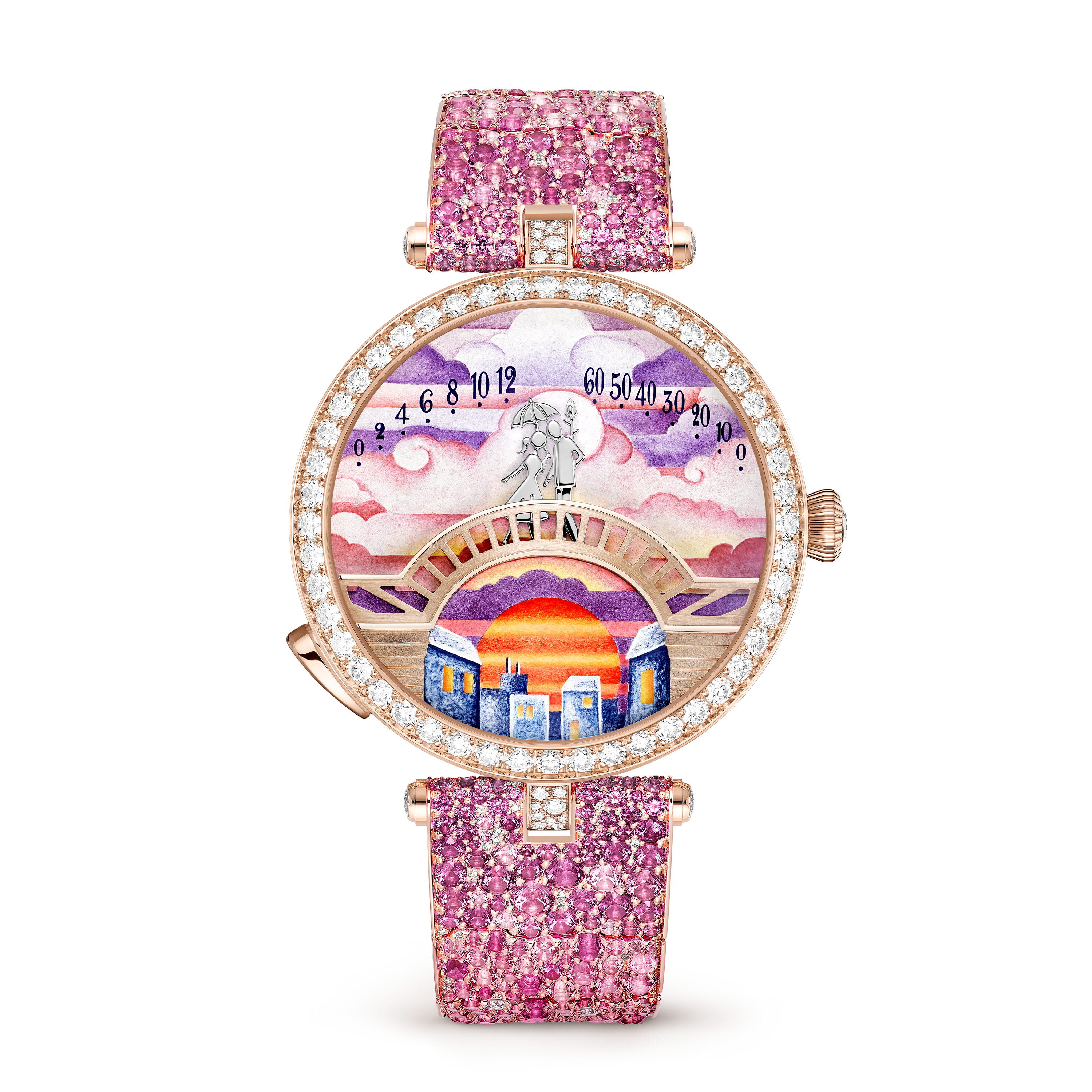 Lady Arpels Pont des Amoureux Soirée watch, 18K rose gold, Diamond:  903 stones,  11.78 carats, Sapphire:  639 stones,  18.82 carats, Front Alternative, Watch - Van Cleef & Arpels