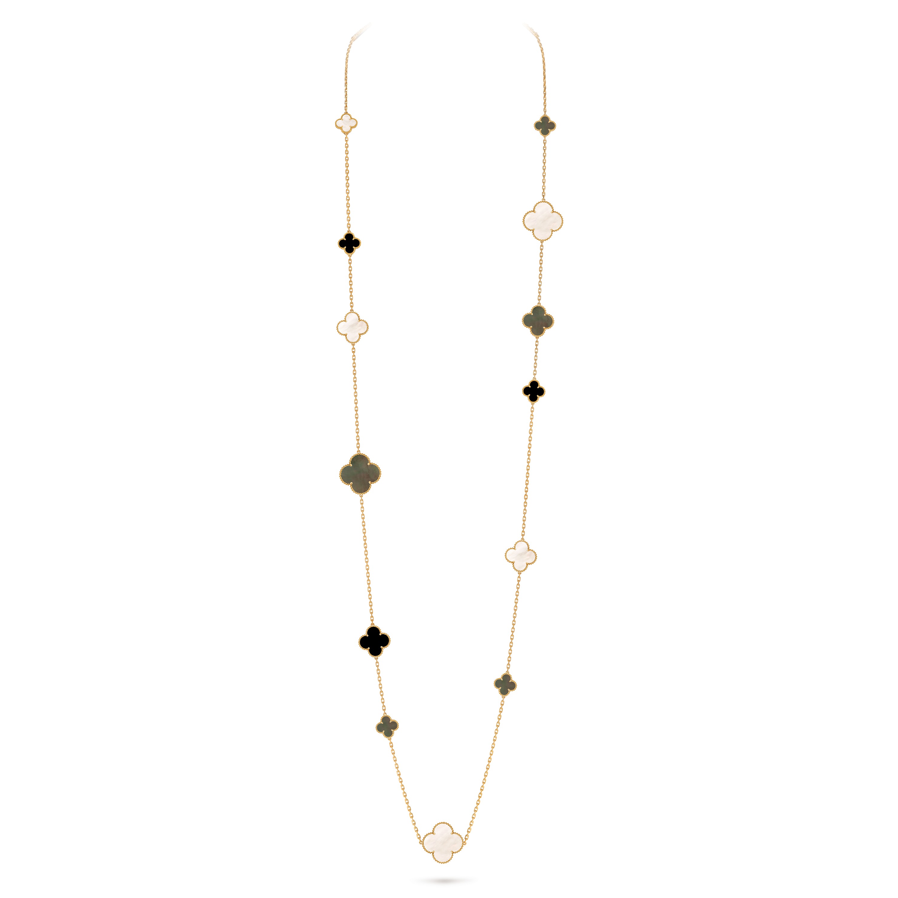 Magic Alhambra长项链，16枚四叶幸运图案, 18K黄金, 珍珠母贝:  13颗, 缟玛瑙:  4颗, On Stand, Jewelry Long Necklace_梵克雅宝_Van Cleef & Arpels