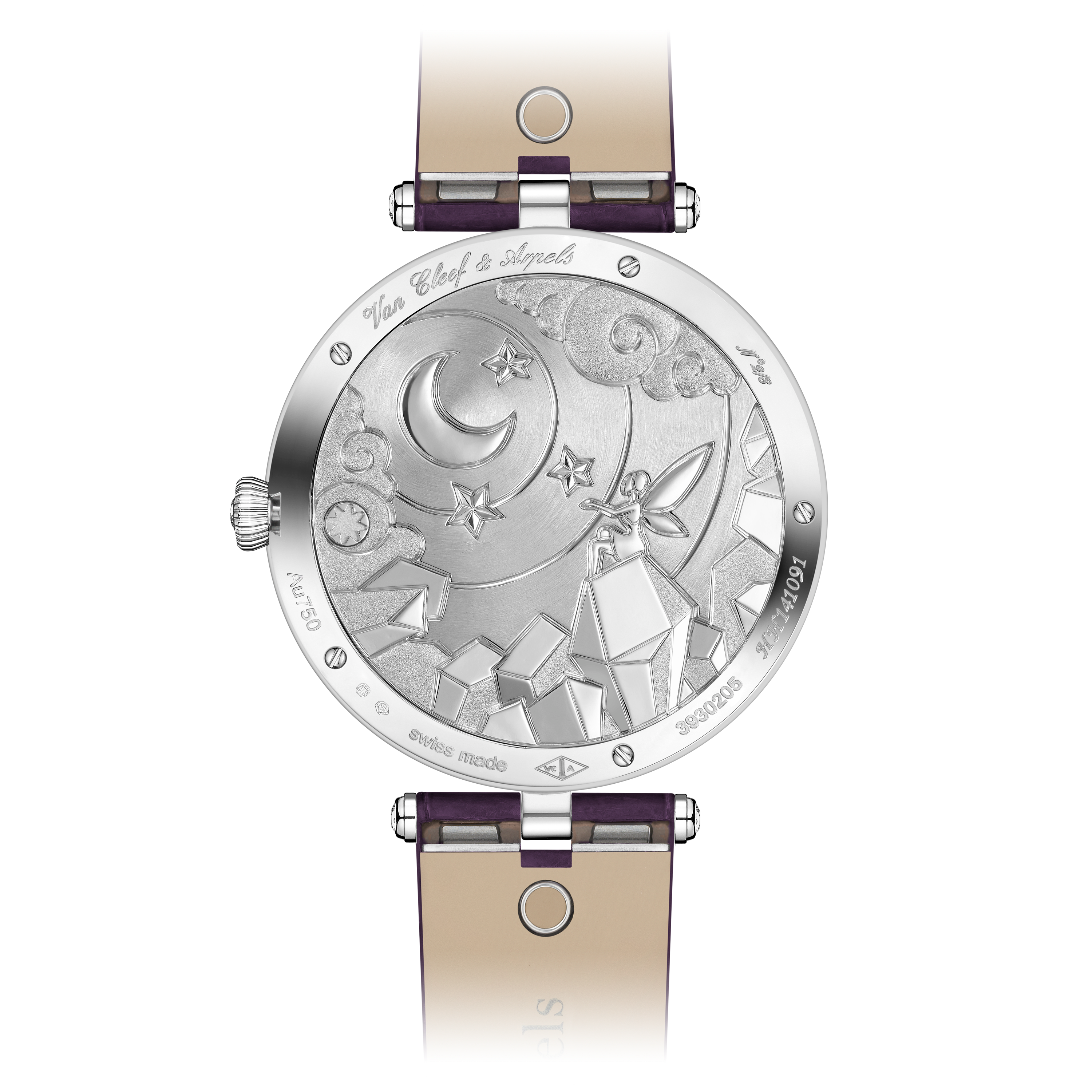 Lady Arpels Nuit Enchantée watch, 18K white gold, Diamond:  278 stones,  5.23 carats, Rock Crystal:  1 stone, Sapphire:  42 stones,  9.79 carats, Back, Watch - Van Cleef & Arpels