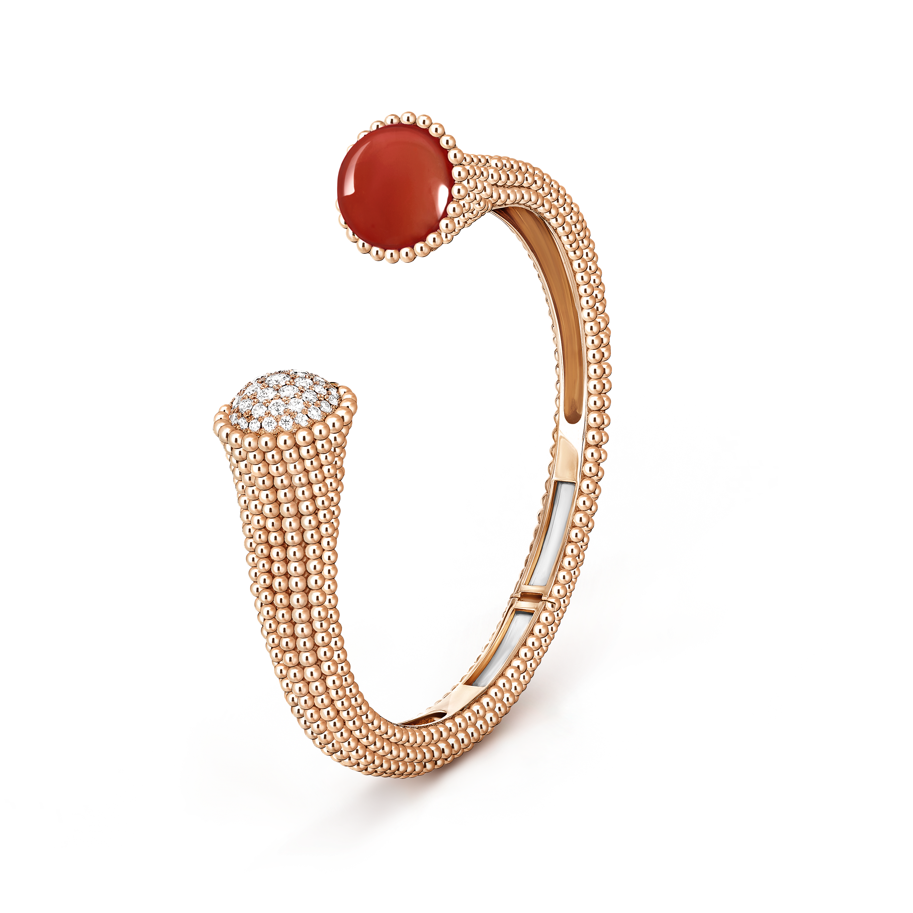 Perlée couleurs bracelet, medium model, 18K rose gold, Carnelian:  1 stone, Diamond:  43 stones,  0.73 carat, Three Fourth, Jewelry Bracelet - Van Cleef & Arpels