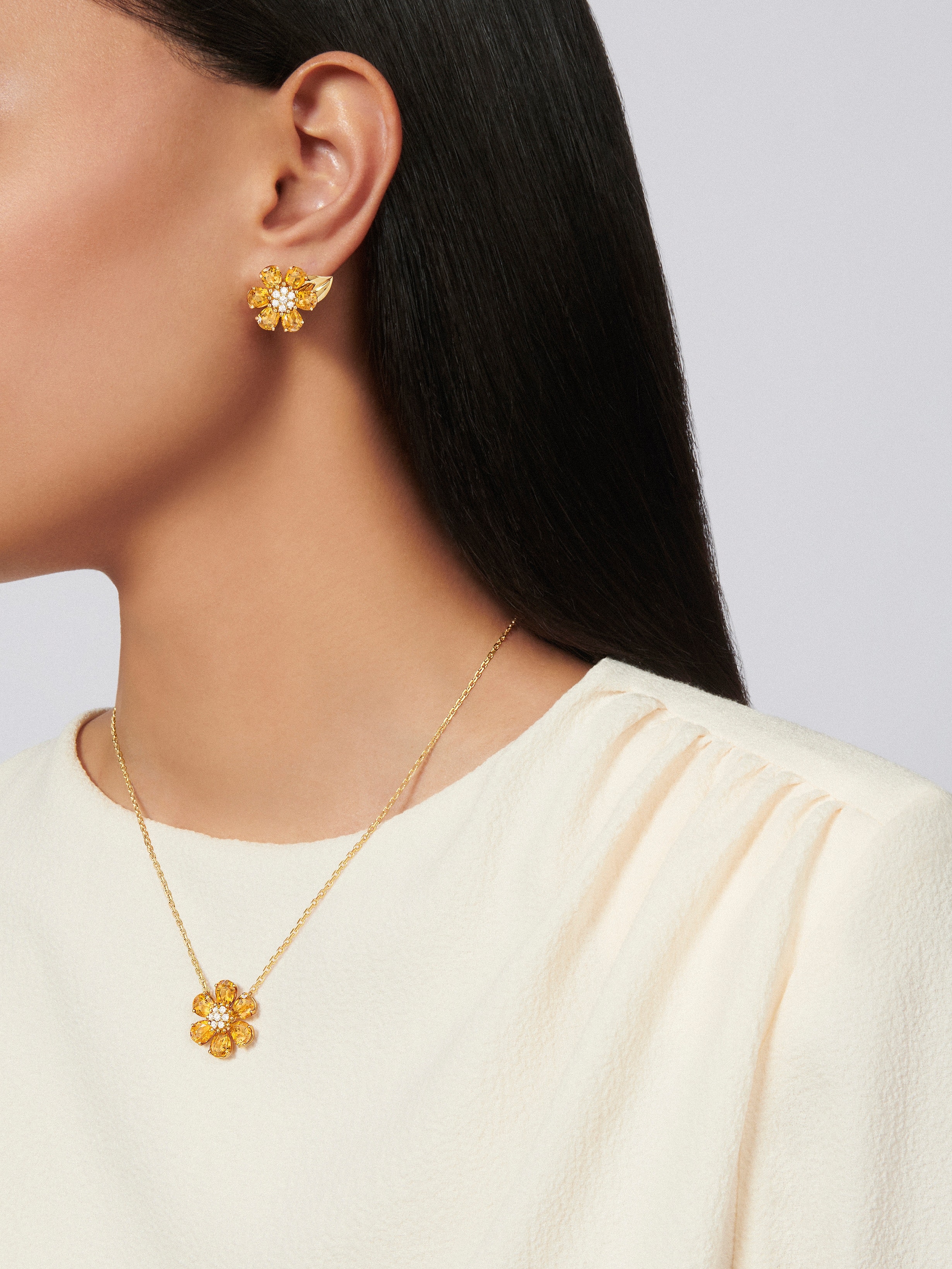 Fleurs d’Hawaï earrings, 18K yellow gold, Citrine:  12 stones,  7.68 carats, Diamond:  14 stones,  0.39 carat, Worn Detail, Jewelry Earrings - Van Cleef & Arpels