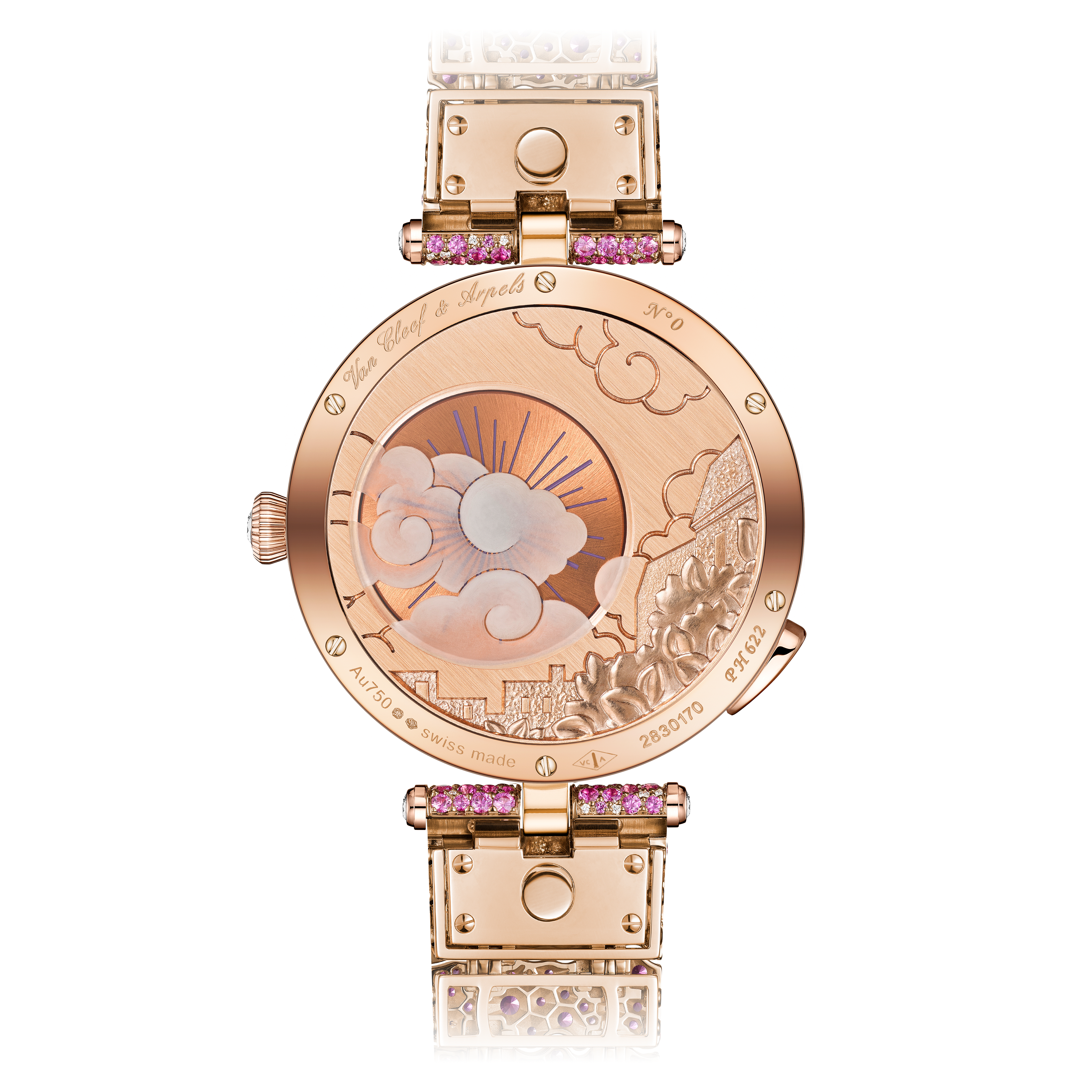 Lady Arpels Pont des Amoureux Soirée watch, 18K rose gold, Diamond:  903 stones,  11.78 carats, Sapphire:  639 stones,  18.82 carats, Back, Watch - Van Cleef & Arpels