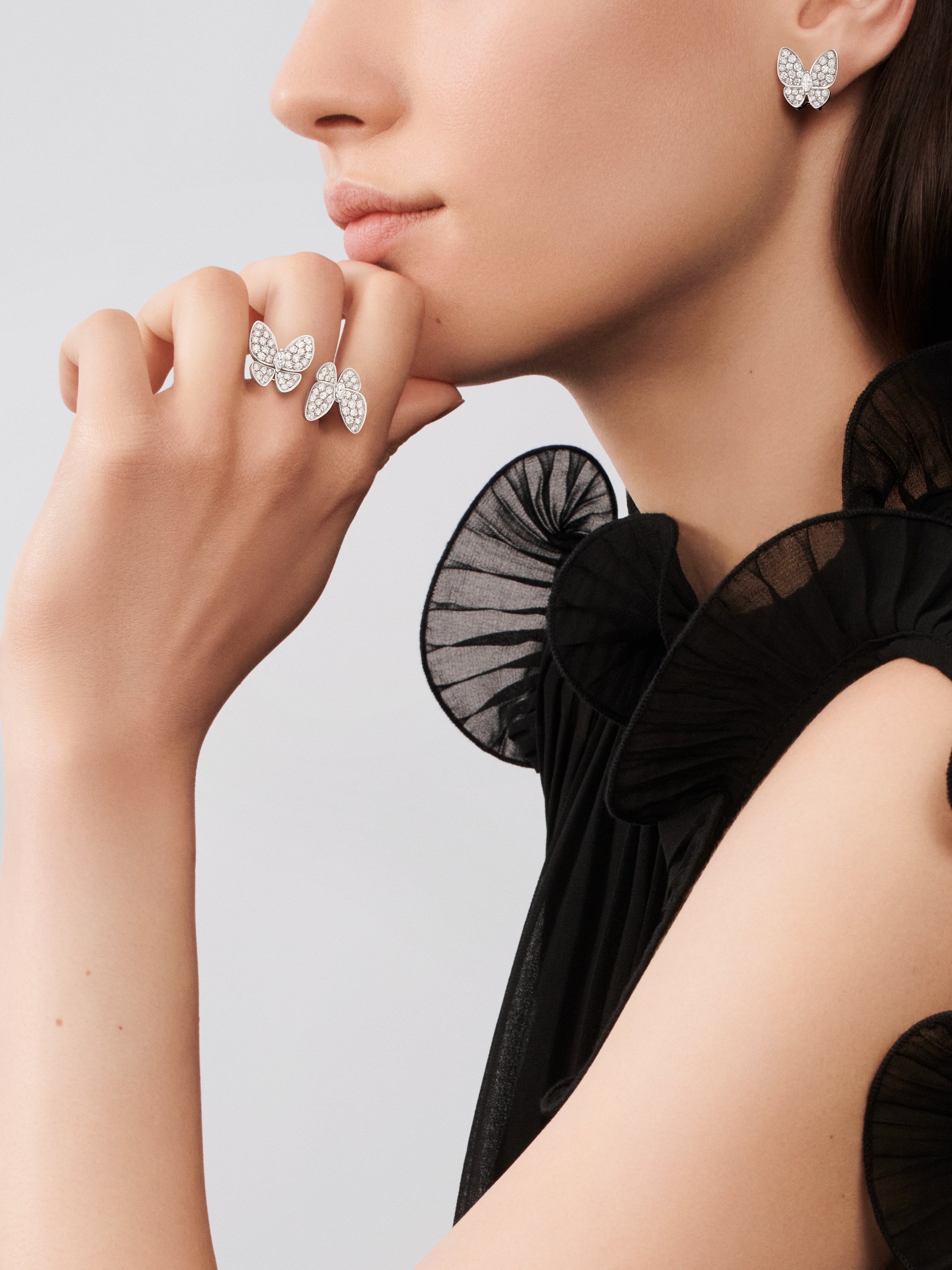 Two Butterfly earrings, 18K white gold, Diamond:  70 stones,  1.67 carats, Worn Alternative, Jewelry Earrings - Van Cleef & Arpels