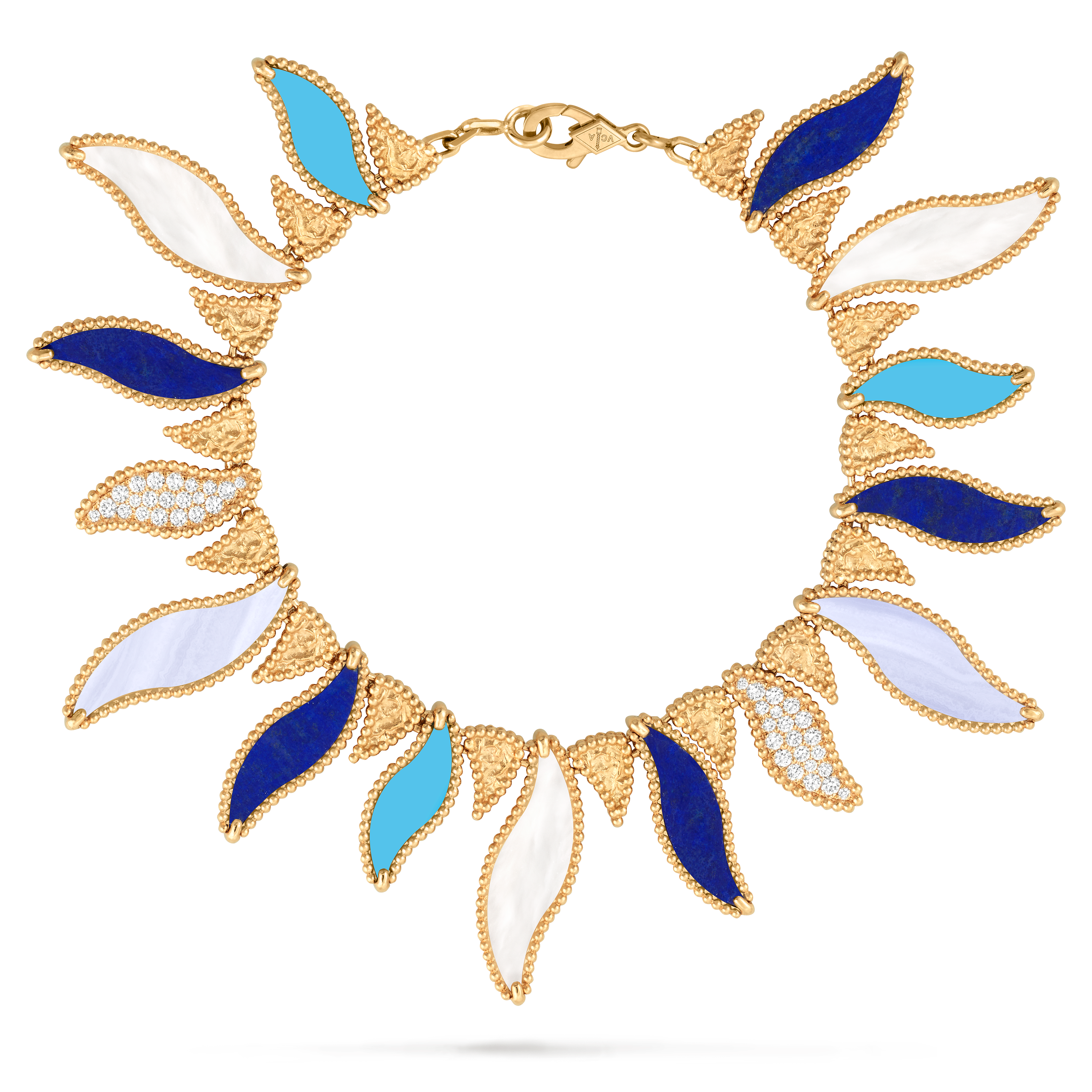 Lucky Summer Wave手链, 18K黄金, 玉髓:  2颗, 珍珠母贝:  3颗, 绿松石:  3颗, 钻石:  42颗,  0.46 克拉, 青金石:  5颗, Front, Jewelry Bracelet_梵克雅宝_Van Cleef & Arpels