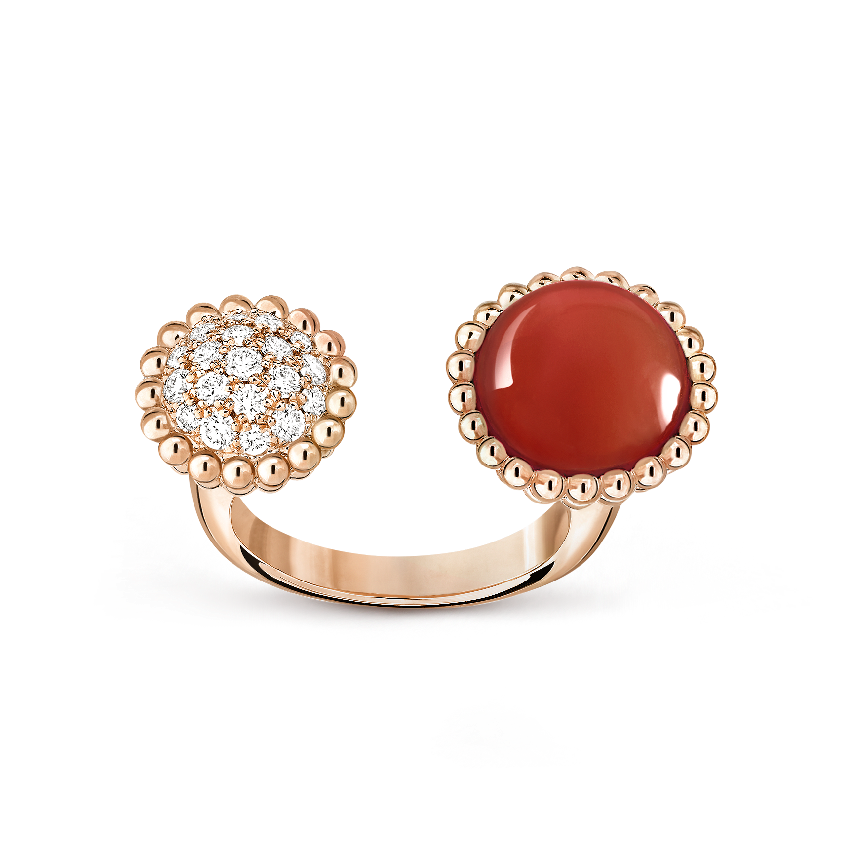 Perlée couleurs指间戒, 18K玫瑰金, 红玉髓:  1 宝石, 钻石:  19颗,  0.34 克拉, Front, Jewelry Ring_梵克雅宝_Van Cleef & Arpels