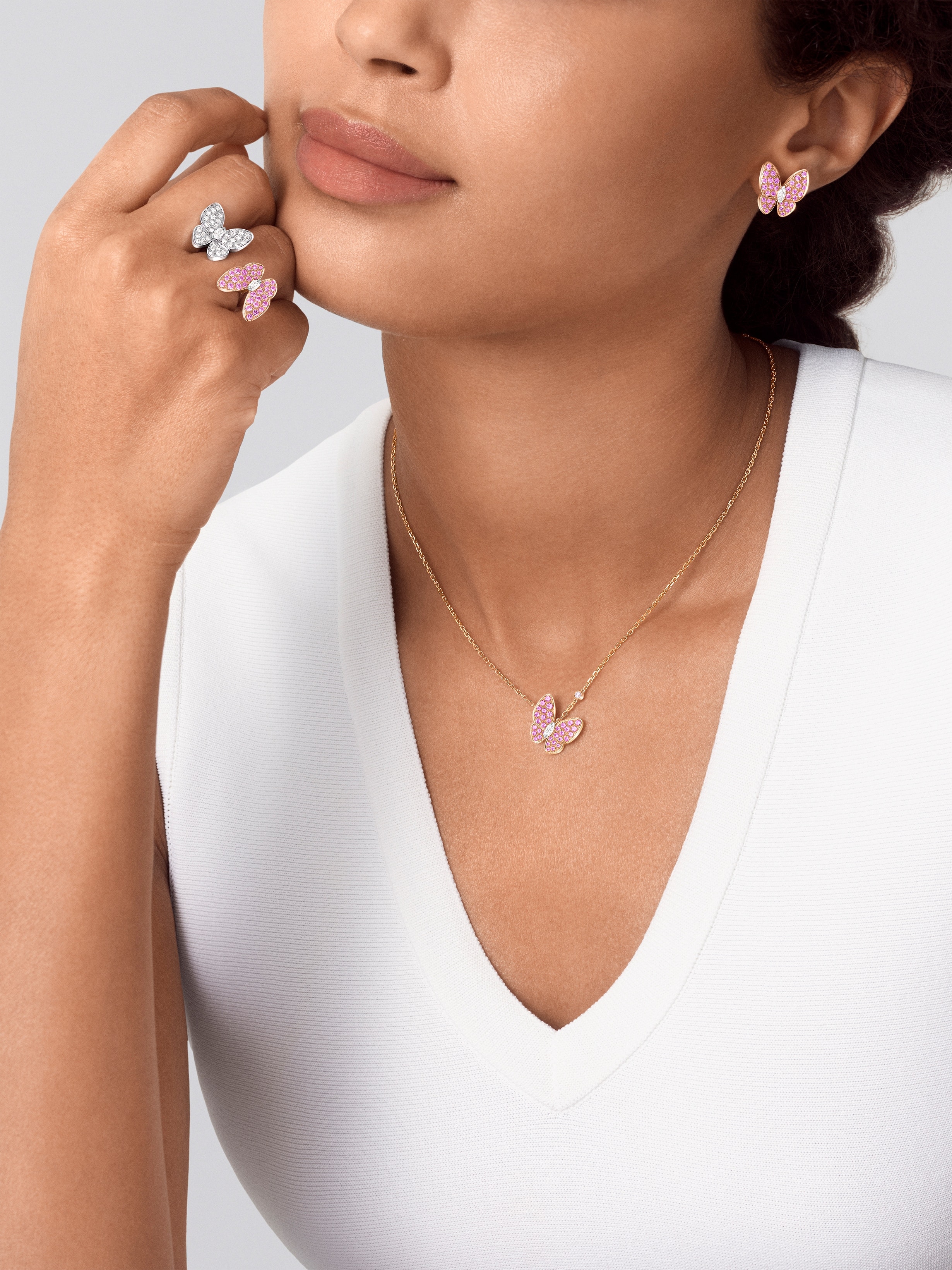 Two Butterfly earrings, 18K white gold, 18K rose gold, Diamond:  36 stones,  0.99 carat, Sapphire:  34 stones,  0.88 carat, Worn Alternative, Jewelry Earrings - Van Cleef & Arpels