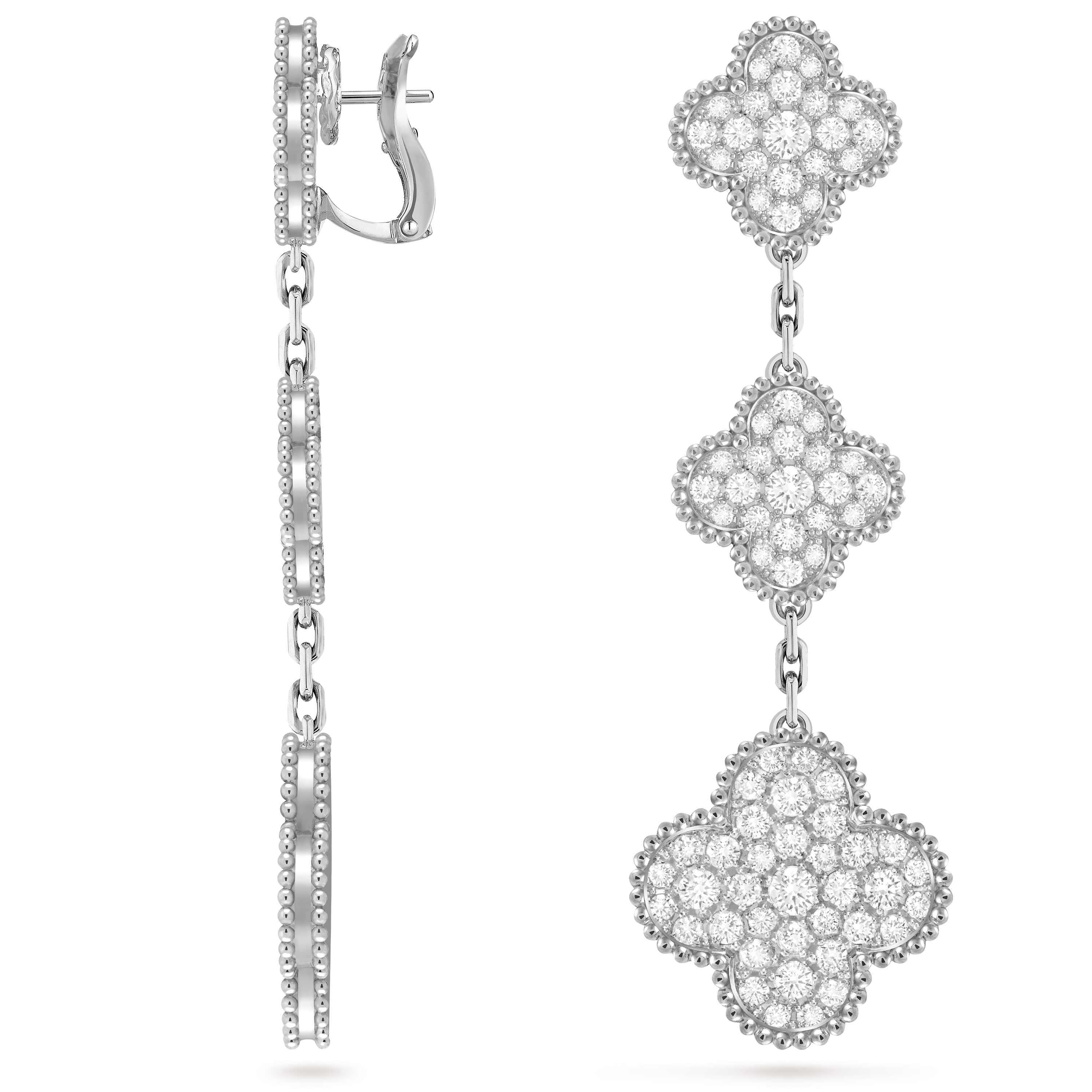 Magic Alhambra earrings, 3 motifs, 18K white gold, Diamond:  158 stones,  4.25 carats, Three Fourth, Jewelry Earrings - Van Cleef & Arpels