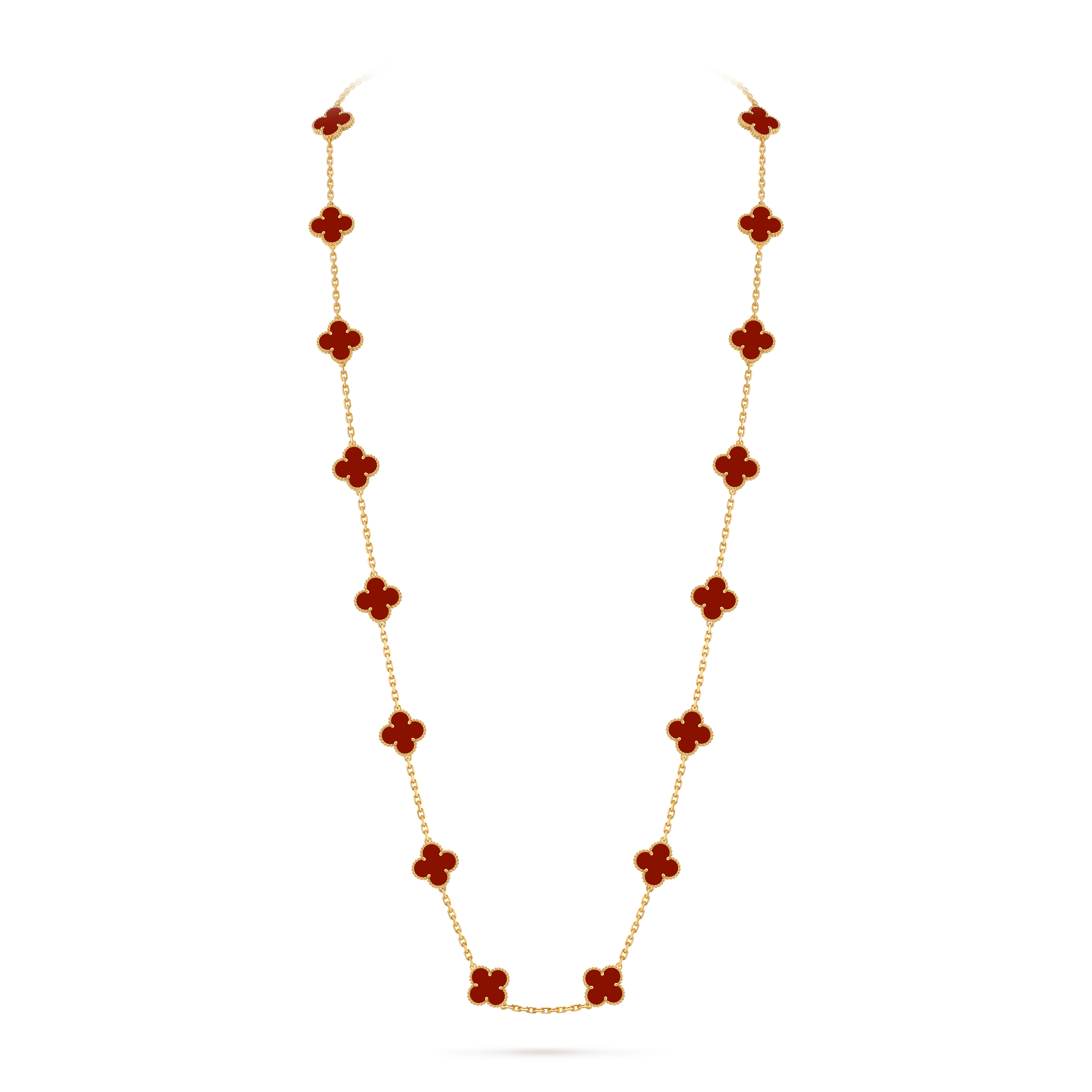 Vintage Alhambra long necklace, 20 motifs, 18K yellow gold, Carnelian:  20 stones, On Stand, Jewelry Long Necklace - Van Cleef & Arpels