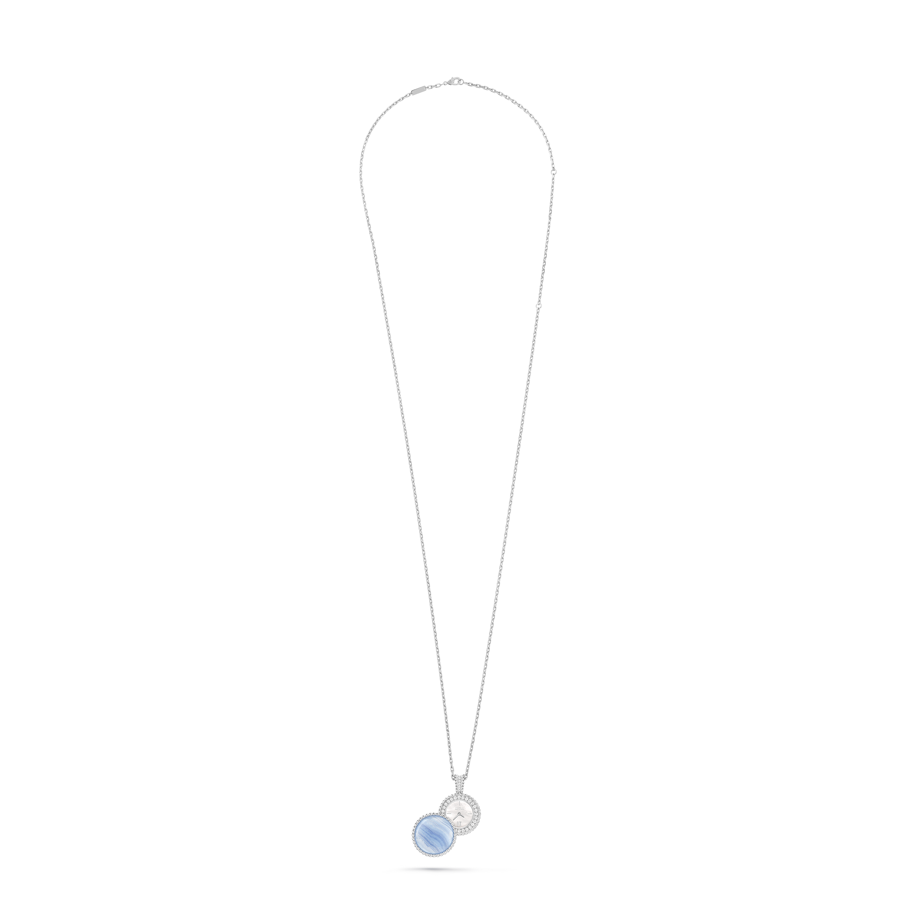 Perlée secret pendant watch, 18K white gold, Chalcedony:  1 stone, Diamond:  40 stones,  0.92 carat, Mother-of-pearl:  1 stone, Open, Watch - Van Cleef & Arpels