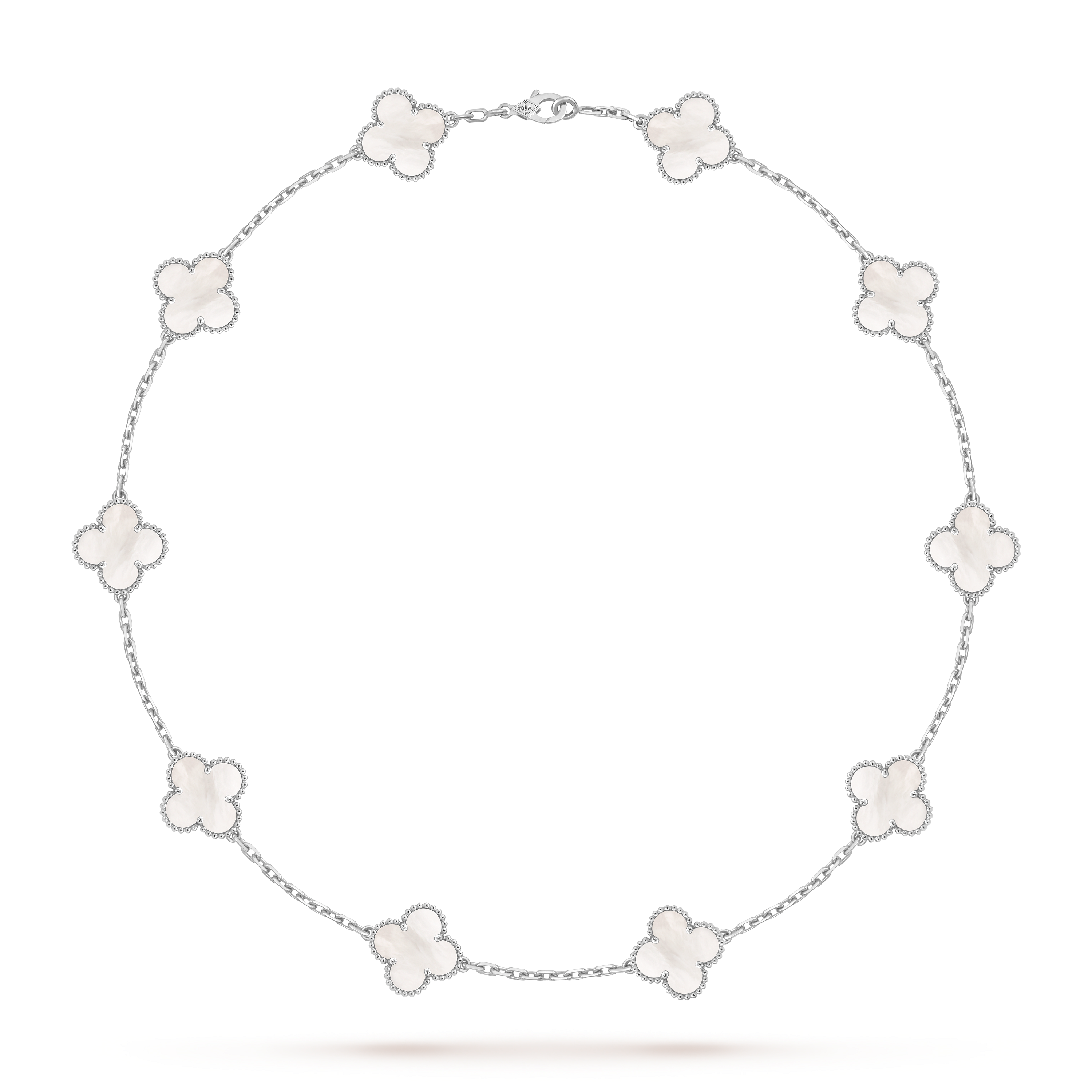 Vintage Alhambra necklace, 10 motifs, 18K white gold, Mother-of-pearl:  10 stones, Front, Jewelry Necklace - Van Cleef & Arpels