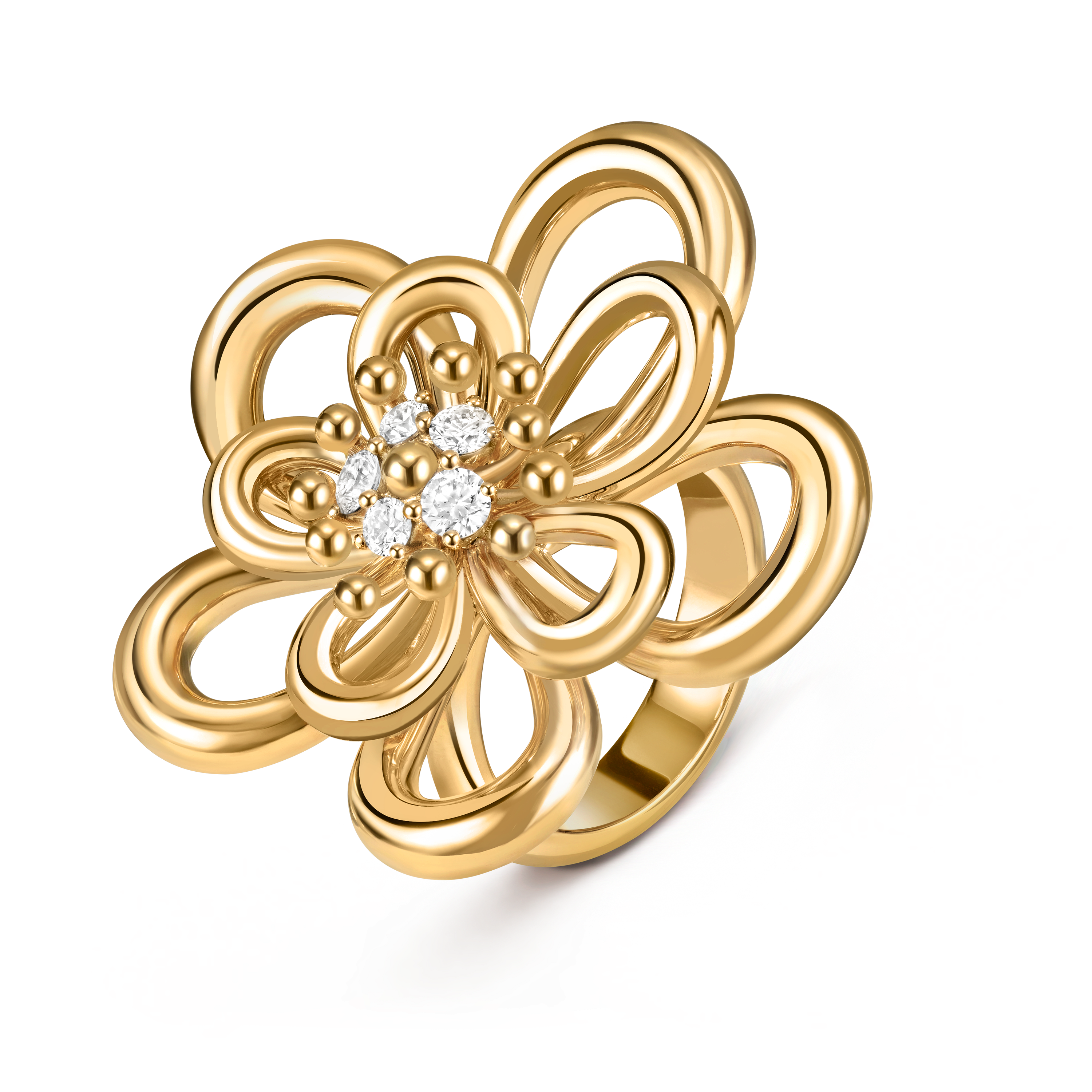 Flowerlace ring, 18K yellow gold, Diamond:  5 stones,  0.38 carat, Three Fourth, Jewelry Ring - Van Cleef & Arpels