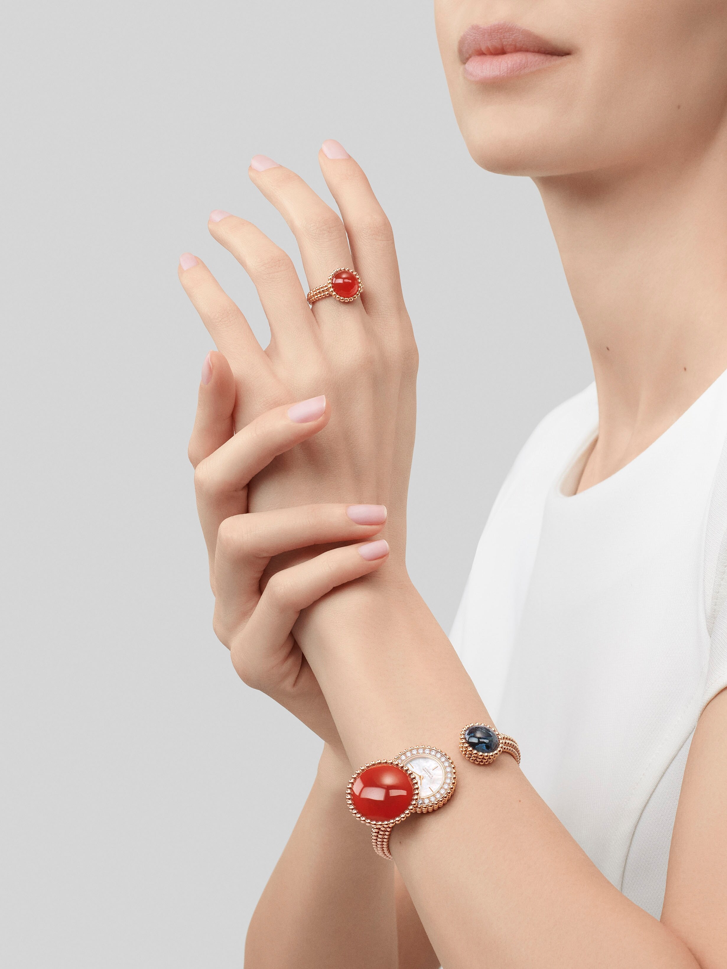 Perlée Toi & Moi secret watch, medium model, 18K rose gold, Carnelian:  1 stone, Diamond:  25 stones,  0.77 carat, Mother-of-pearl:  1 stone, Pietersite:  1 stone, Worn Alternative, Watch - Van Cleef & Arpels