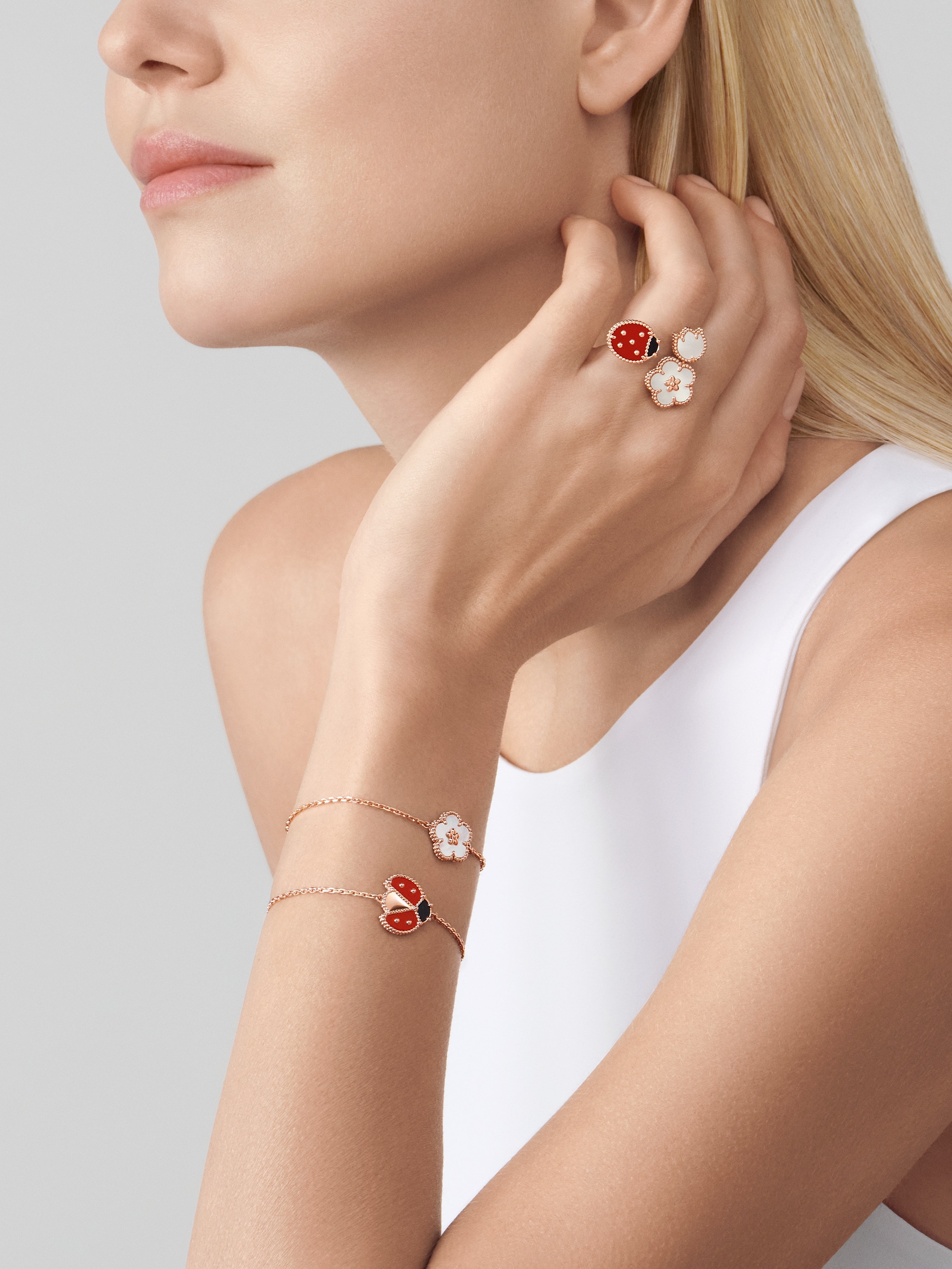 Lucky Spring bracelet, 5 motifs 18K rose gold, Carnelian, Mother-of-pearl,  Onyx- Van Cleef & Arpels