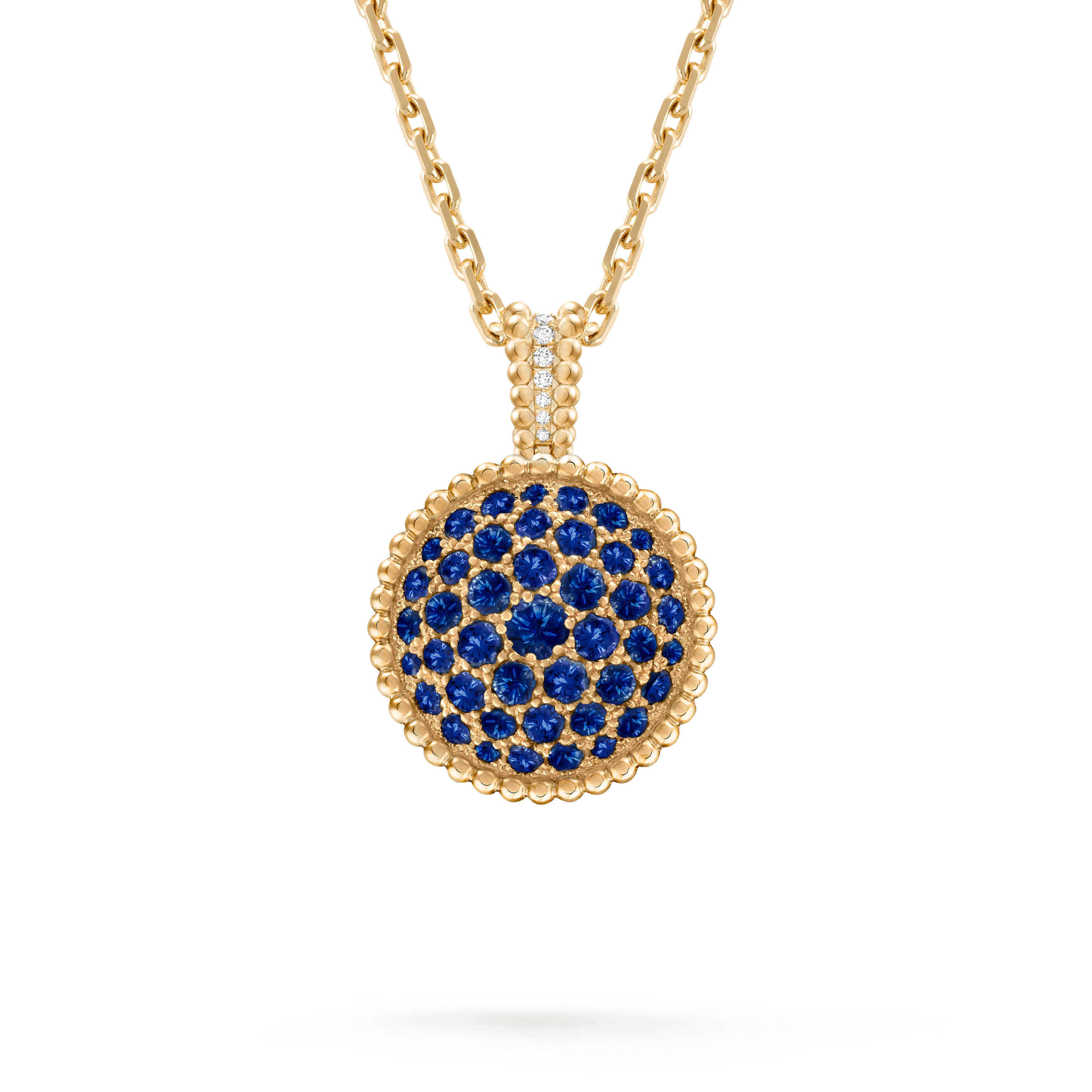 Perlée隐秘式吊坠表, 18K黄金, 珍珠母贝:  1 宝石, 蓝宝石:  43颗,  4.53 克拉, 钻石:  40颗,  0.92 克拉, Back, Watch_梵克雅宝_Van Cleef & Arpels