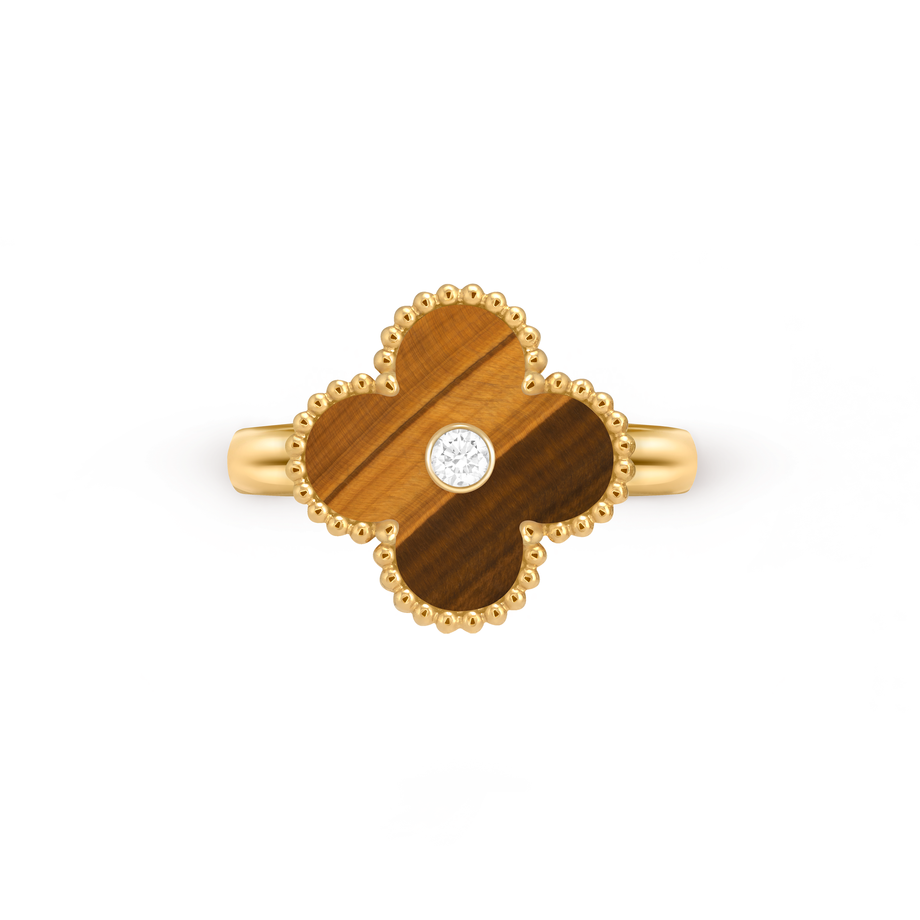 Vintage Alhambra ring, 18K yellow gold, Diamond:  1 stone,  0.05 carat, Tiger Eye:  1 stone, Top, Jewelry Ring - Van Cleef & Arpels