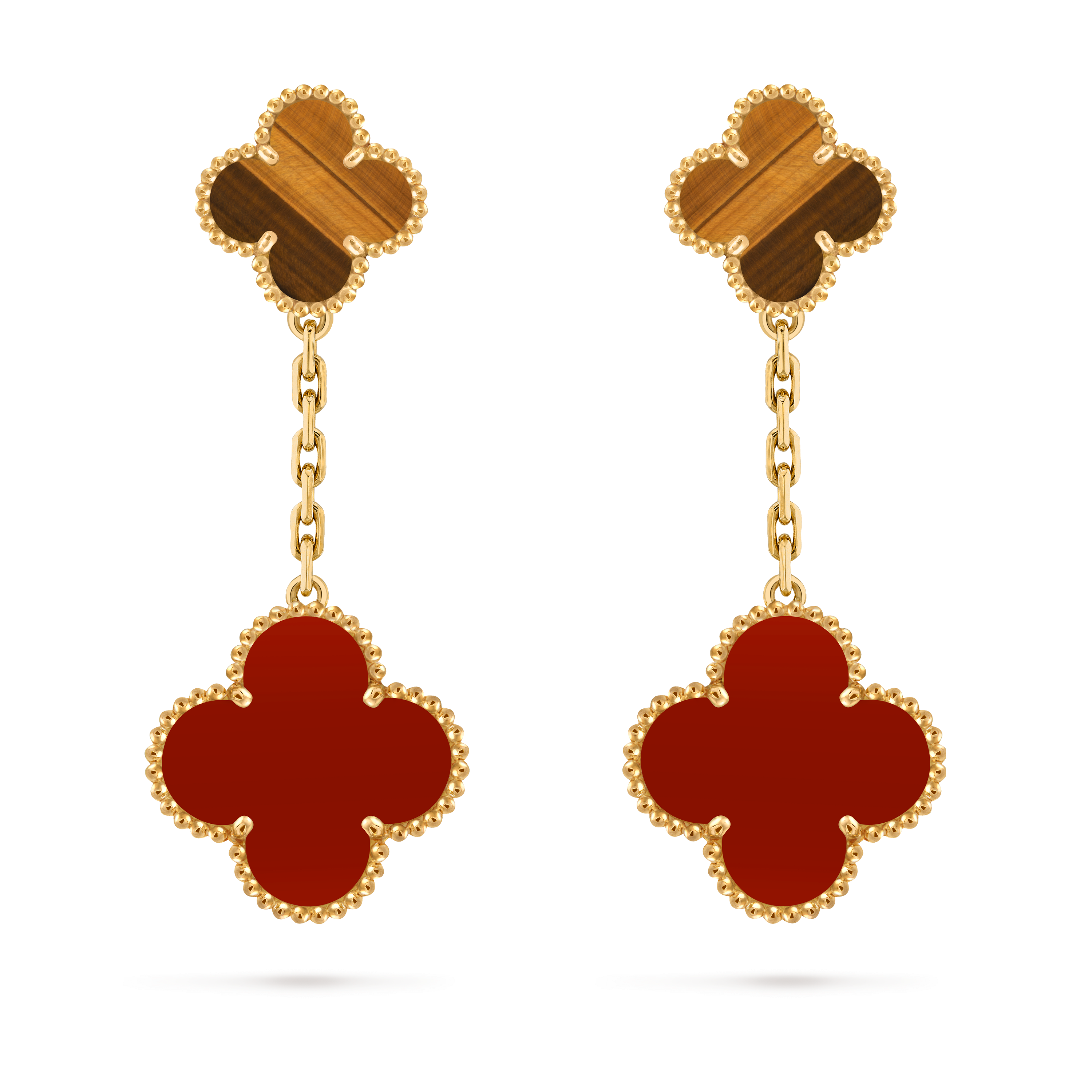 Magic Alhambra earrings, 2 motifs, 18K yellow gold, Carnelian:  2 stones, Tiger Eye:  2 stones, Front, Jewelry Earrings - Van Cleef & Arpels