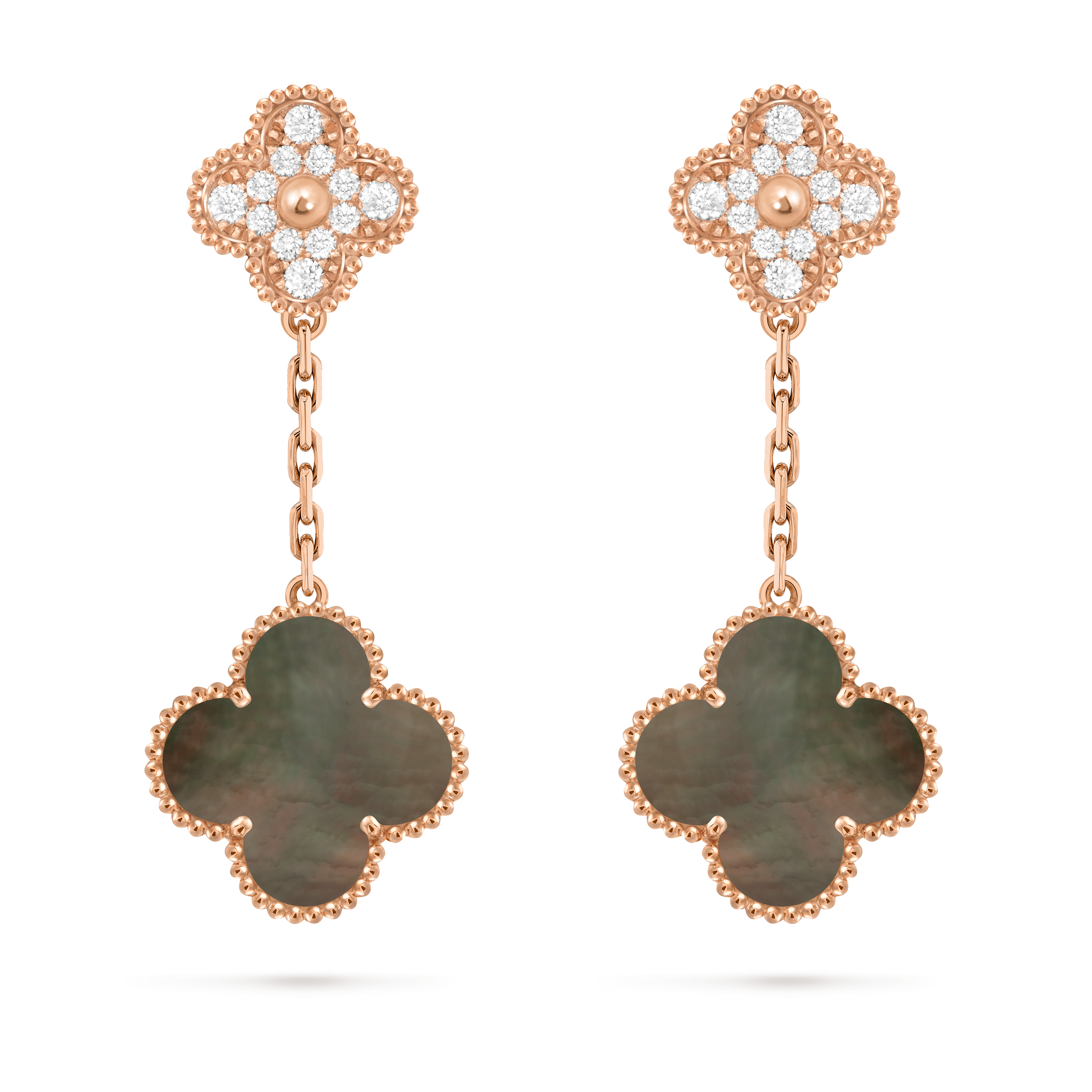 Magic Alhambra earrings, 2 motifs, 18K rose gold, Diamond:  24 stones,  0.96 carat, Mother-of-pearl:  2 stones, Front, Jewelry Earrings - Van Cleef & Arpels