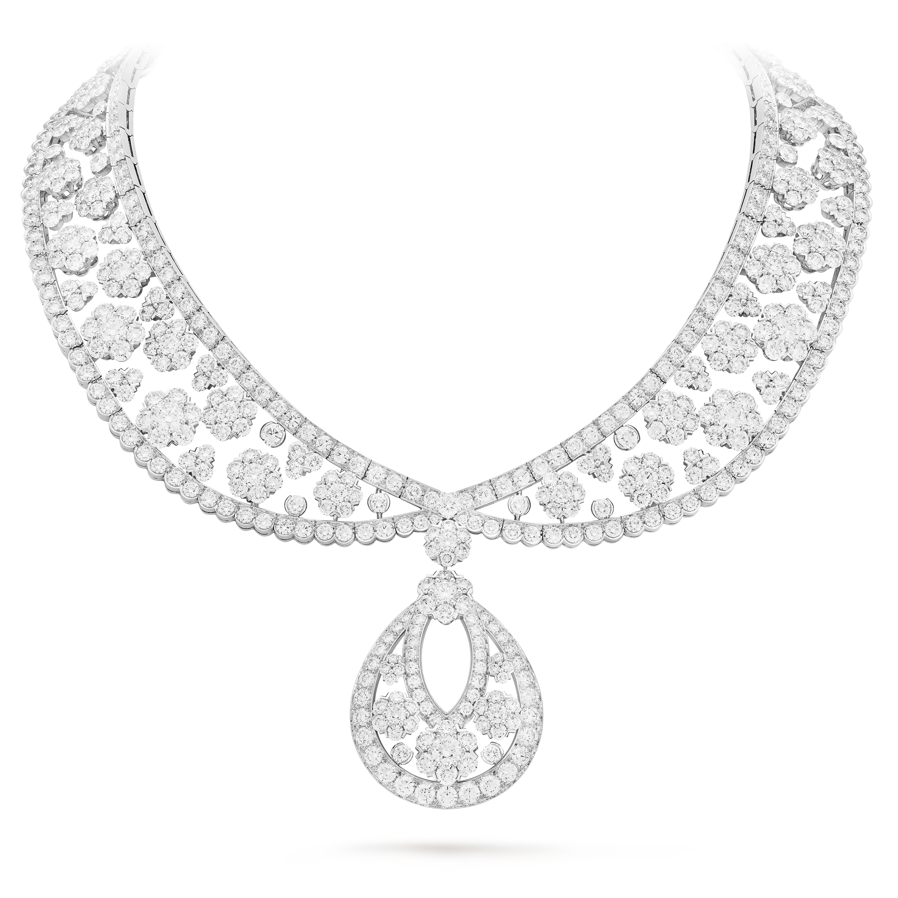 Snowflake collerette transformable necklace, 18K white gold, Diamond:  619 stones,  69.73 carats, On Stand, High Jewelry Necklace - Van Cleef & Arpels