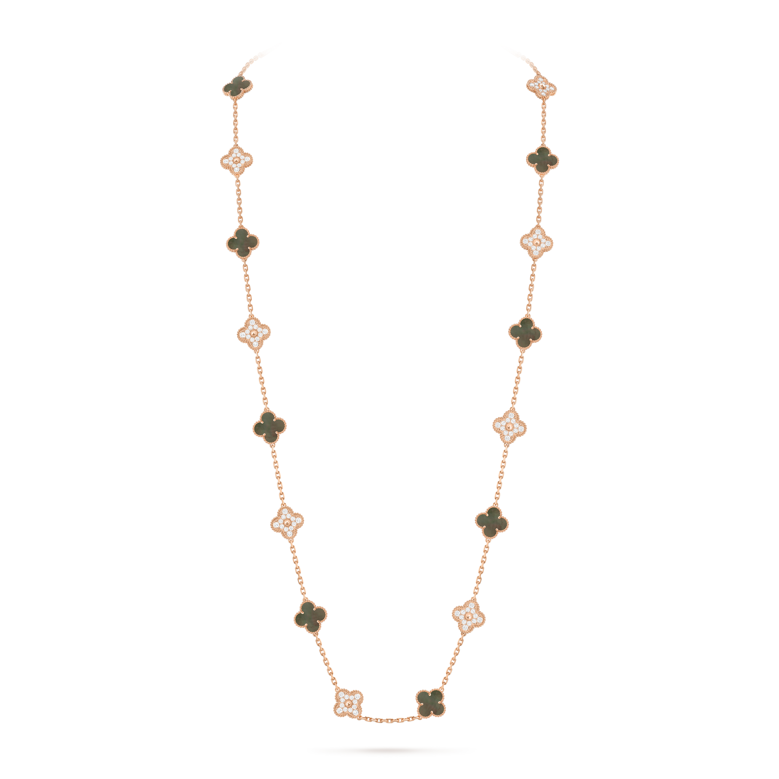 Vintage Alhambra长项链，20枚四叶幸运图案, 18K玫瑰金, 珍珠母贝:  10颗, 钻石:  120颗,  4.83 克拉, On Stand, Jewelry Long Necklace_梵克雅宝_Van Cleef & Arpels