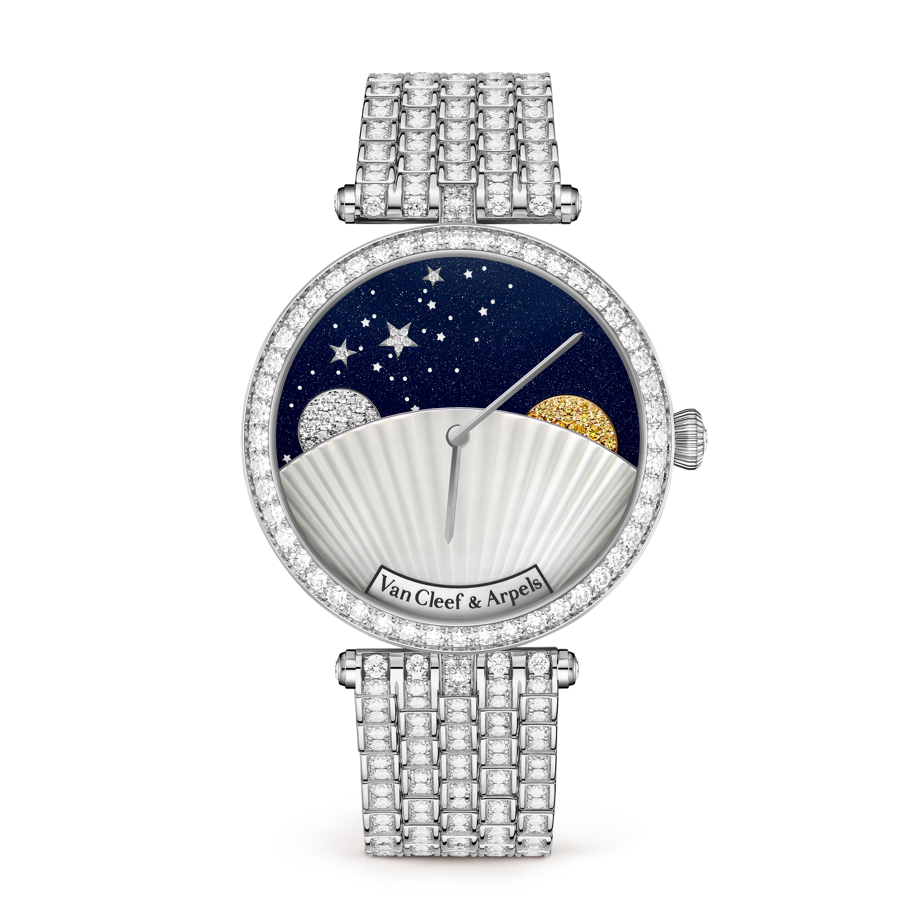 Lady Arpels Jour Nuit腕表, 18K白金, 珍珠母贝:  1 宝石, 砂金石:  1 宝石, 蓝宝石:  43颗,  0.36 克拉, 钻石:  640颗,  14.57 克拉, Front, Watch_梵克雅宝_Van Cleef & Arpels