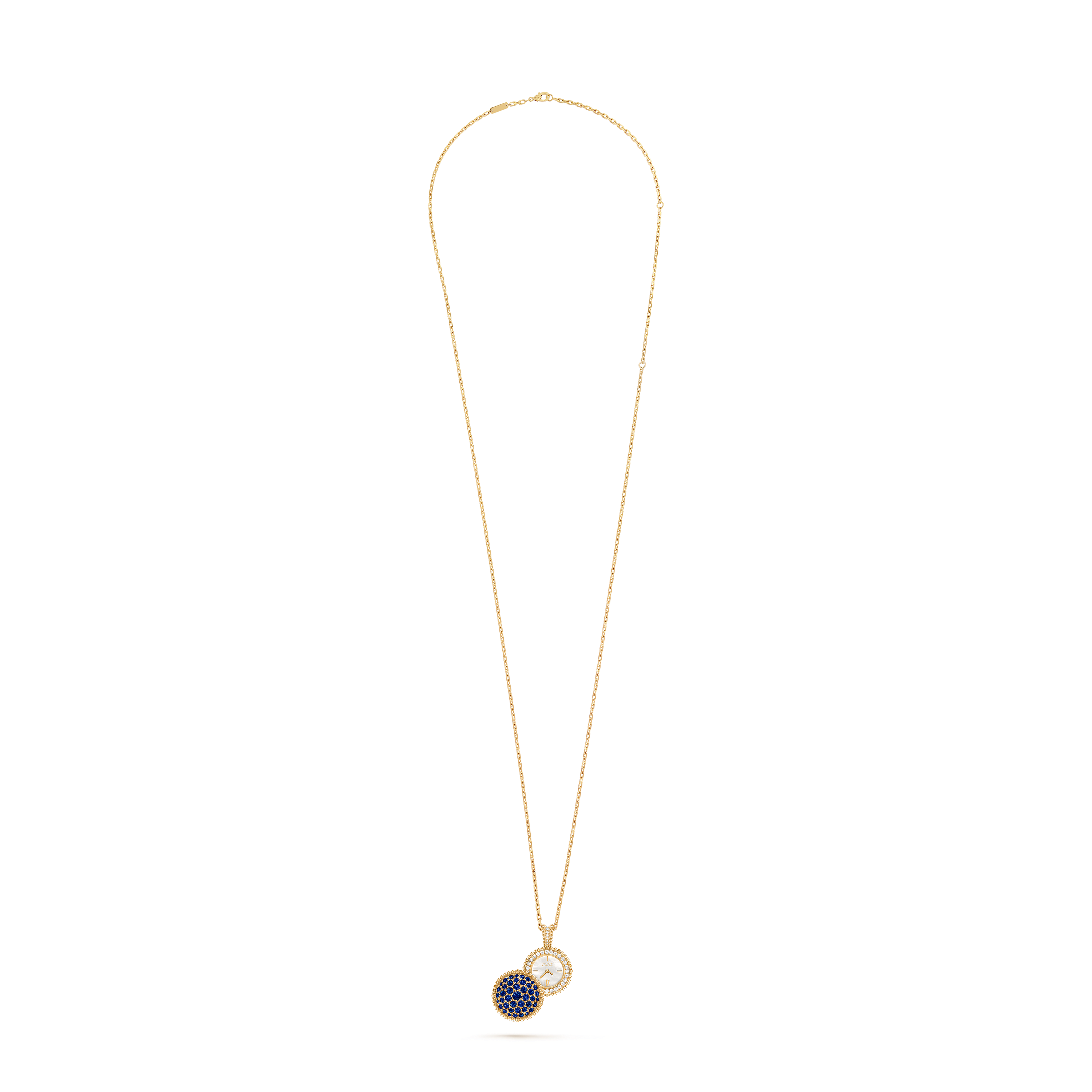 Perlée隐秘式吊坠表, 18K黄金, 珍珠母贝:  1 宝石, 蓝宝石:  43颗,  4.53 克拉, 钻石:  40颗,  0.92 克拉, Open, Watch_梵克雅宝_Van Cleef & Arpels