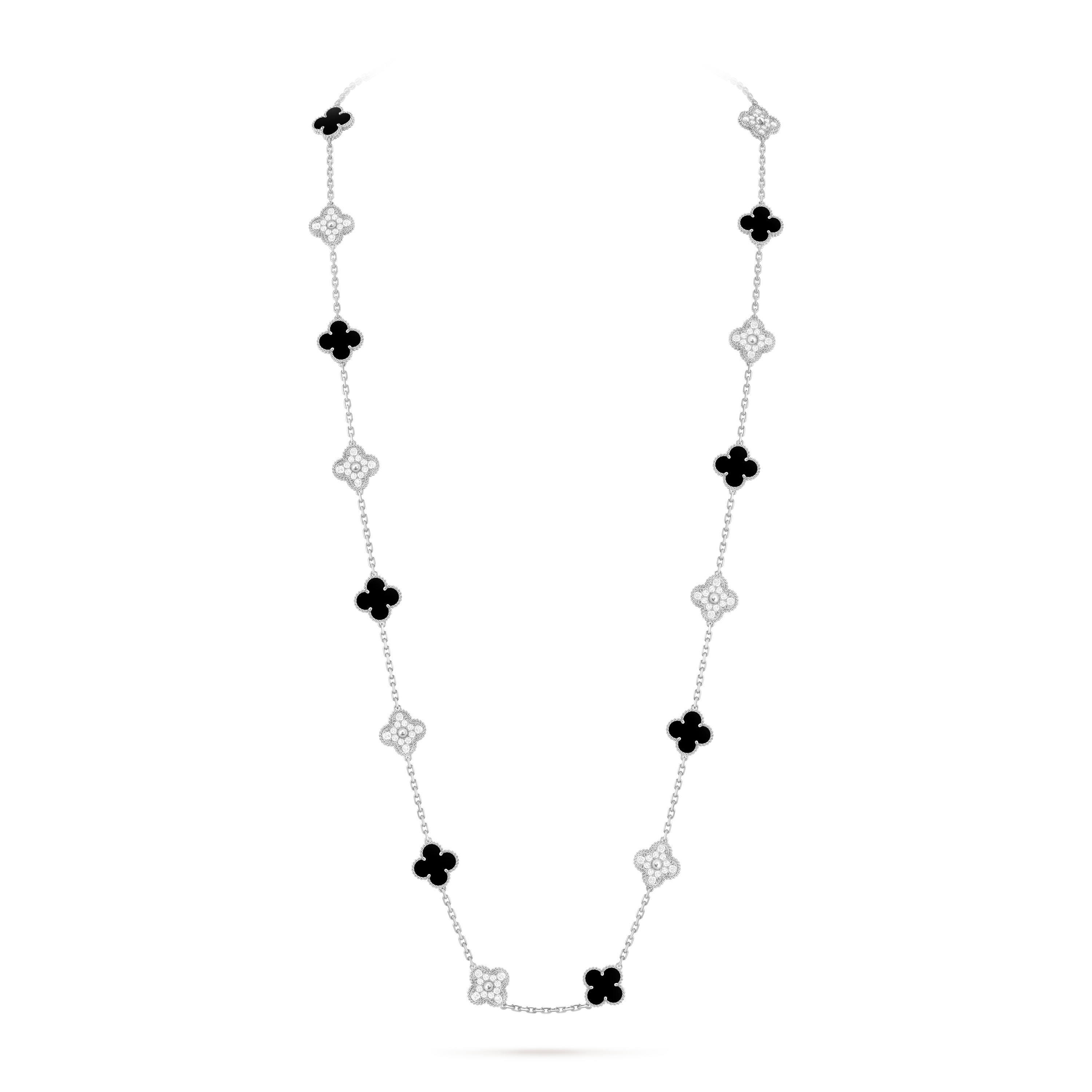 Vintage Alhambra长项链，20枚四叶幸运图案, 18K白金, 缟玛瑙:  10颗, 钻石:  120颗,  4.83 克拉, On Stand, Jewelry Long Necklace_梵克雅宝_Van Cleef & Arpels