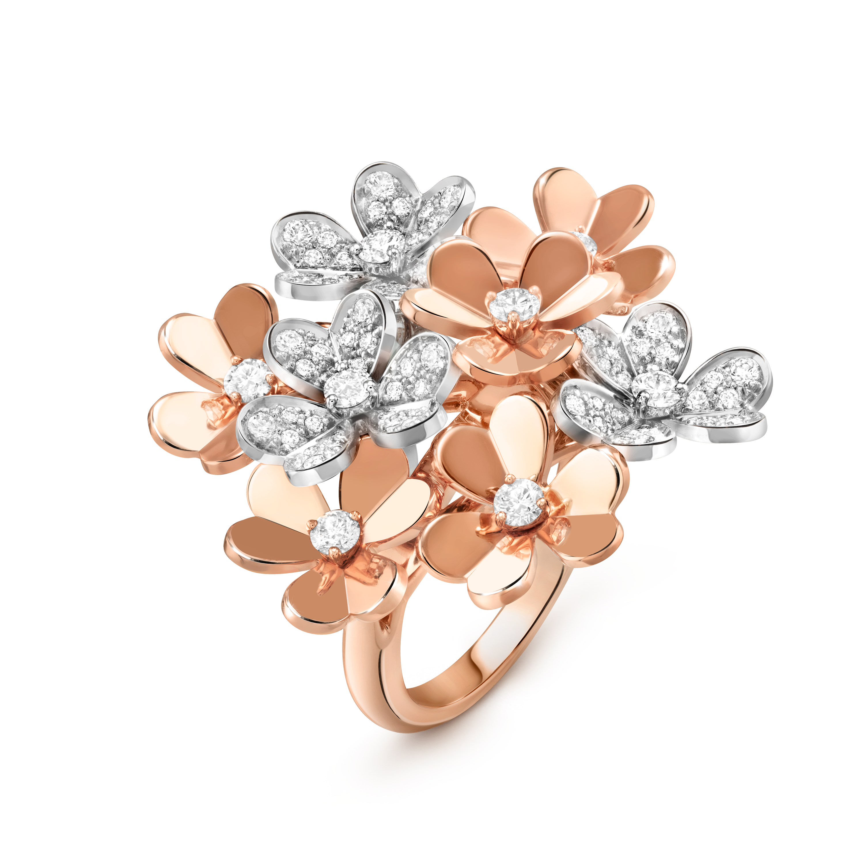 Frivole ring, 8 flowers, 18K rose gold, Diamond:  80 stones,  0.93 carat, Three Fourth, Jewelry Ring - Van Cleef & Arpels