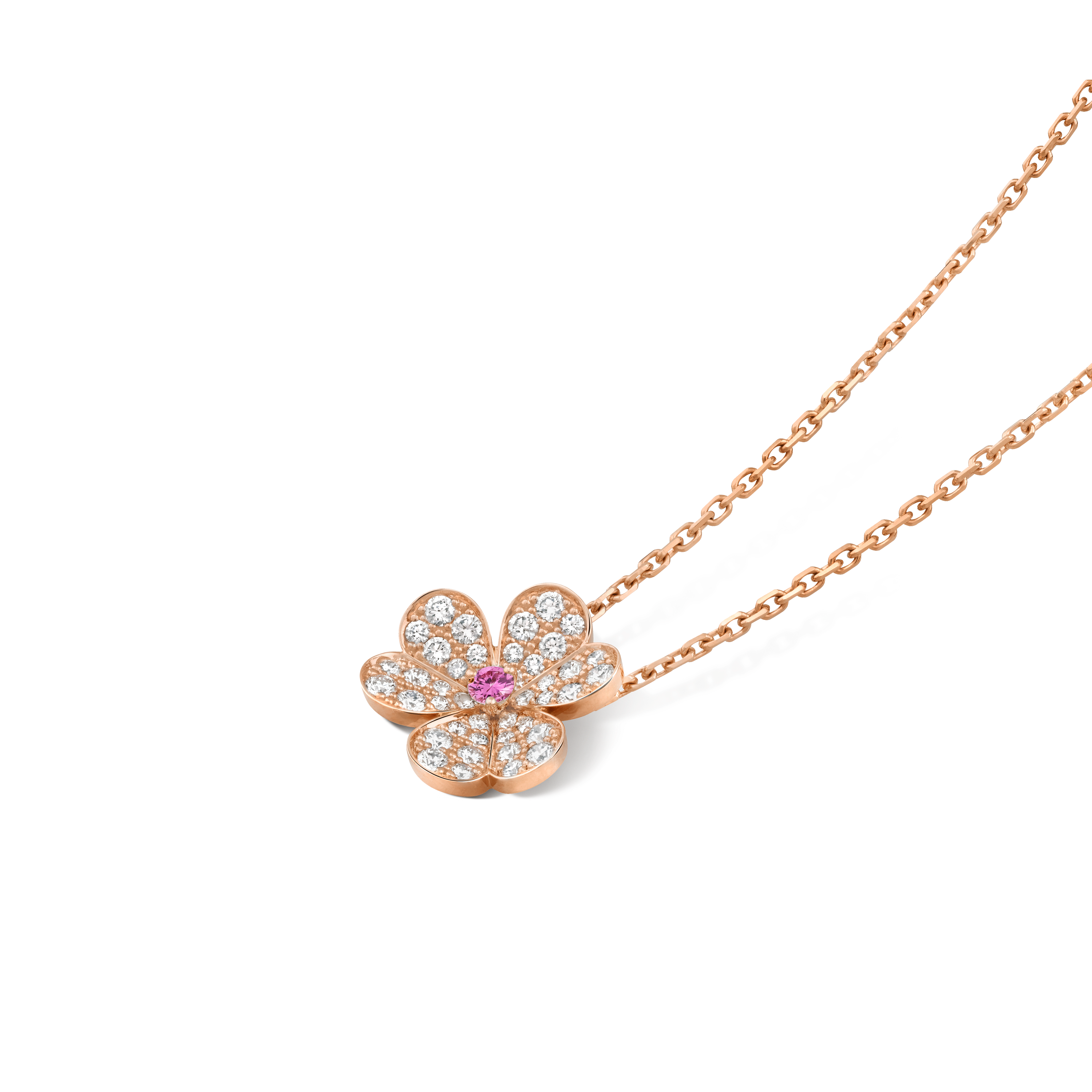 Frivole pendant, small model, 18K rose gold, Diamond:  42 stones,  0.73 carat, Sapphire:  1 stone,  0.09 carat, Three Fourth, Jewelry Pendent - Van Cleef & Arpels