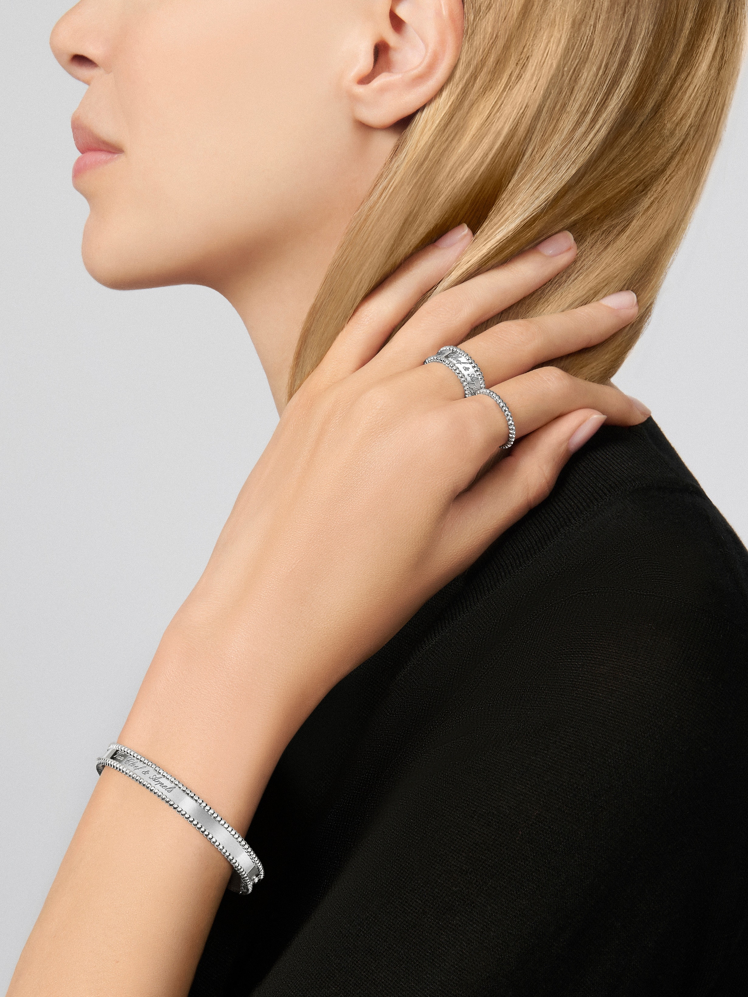 Perlée signature ring, 18K white gold, Worn Alternative, Jewelry Ring - Van Cleef & Arpels