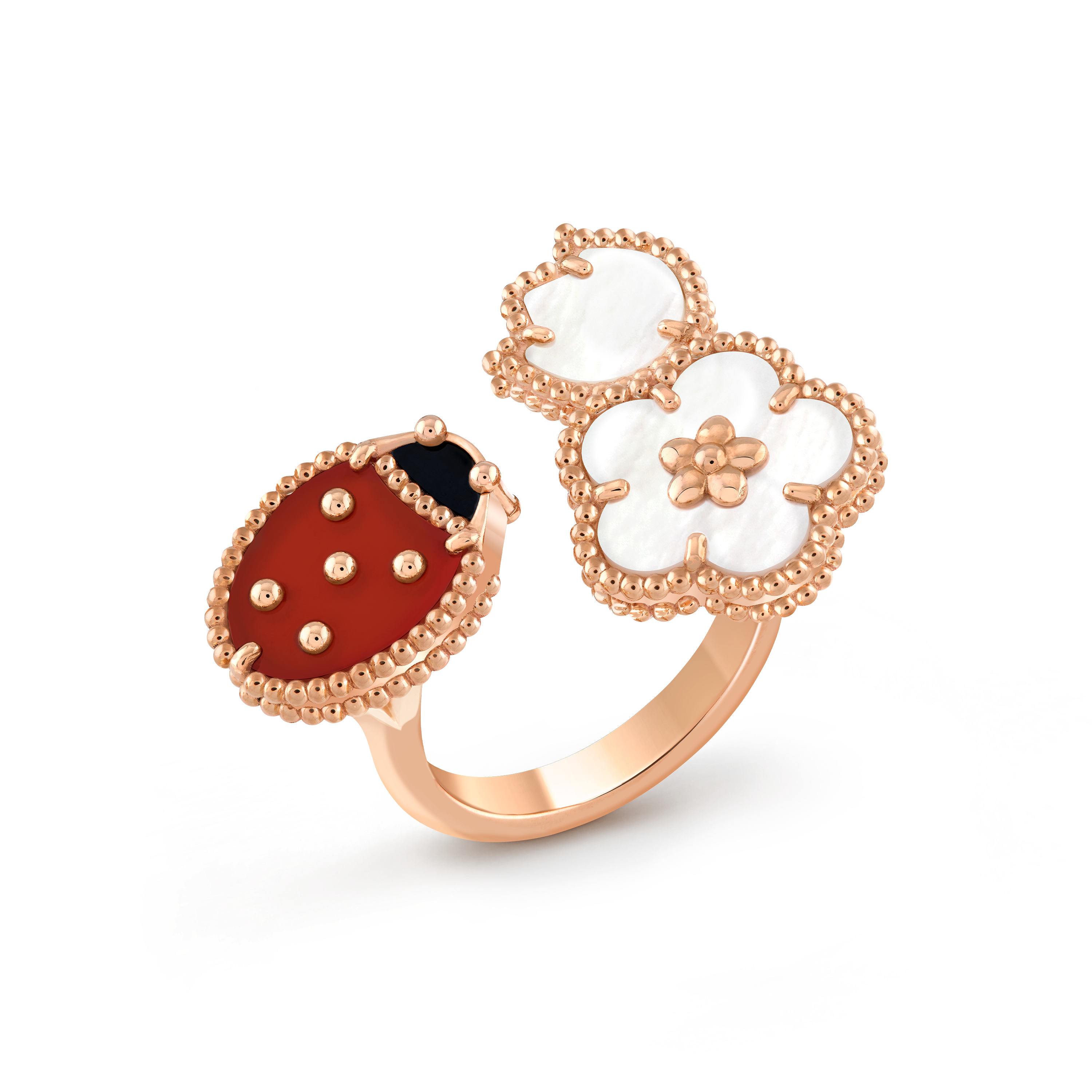 Lucky Spring Between the Finger ring 18K rose gold Carnelian Mother of pearl Onyx Van Cleef Arpels