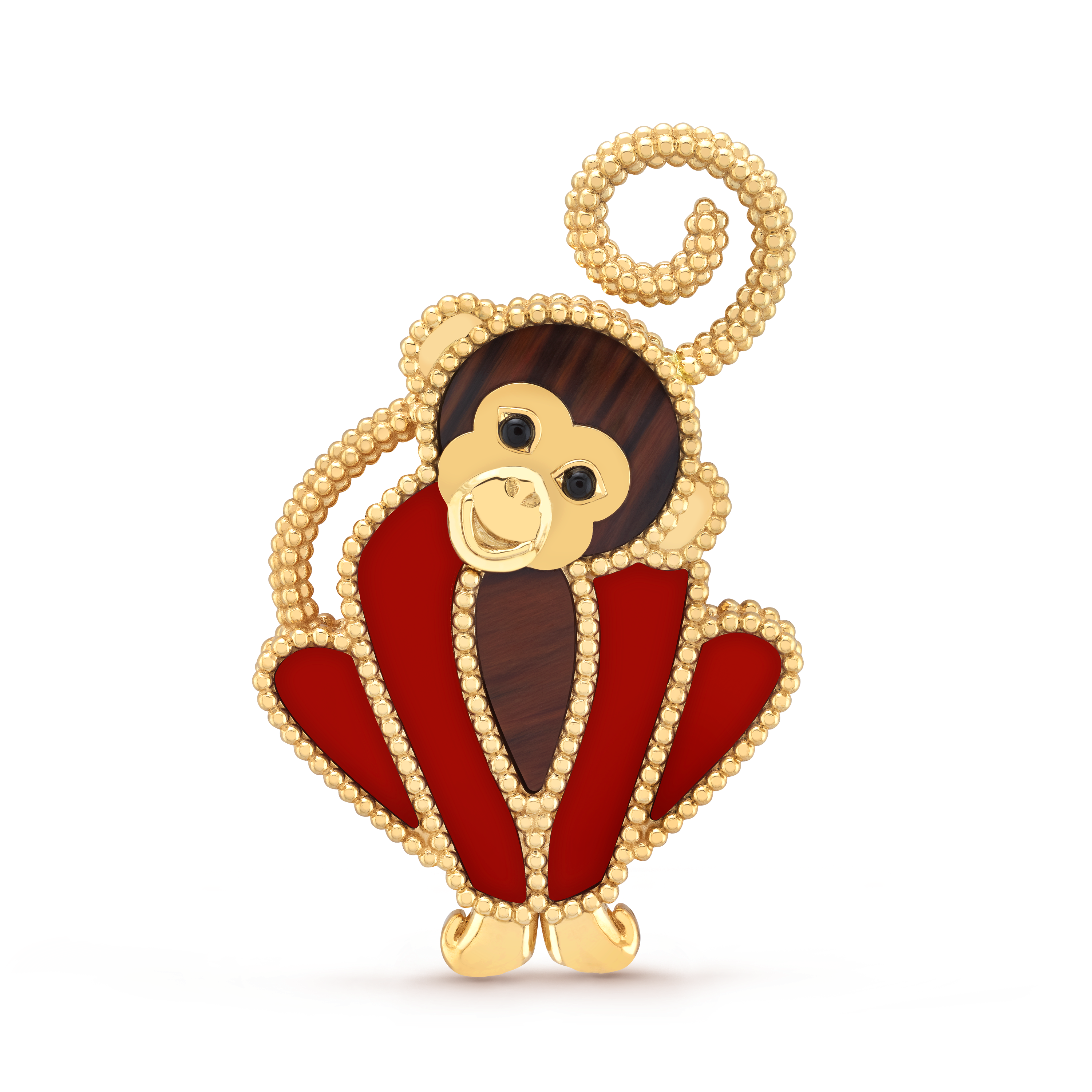 Lucky Animals Monkey胸针, 18K黄金, 红玉髓:  4颗, 缟玛瑙:  2颗, 黑曜石:  2颗, Front, Jewelry Clip_梵克雅宝_Van Cleef & Arpels