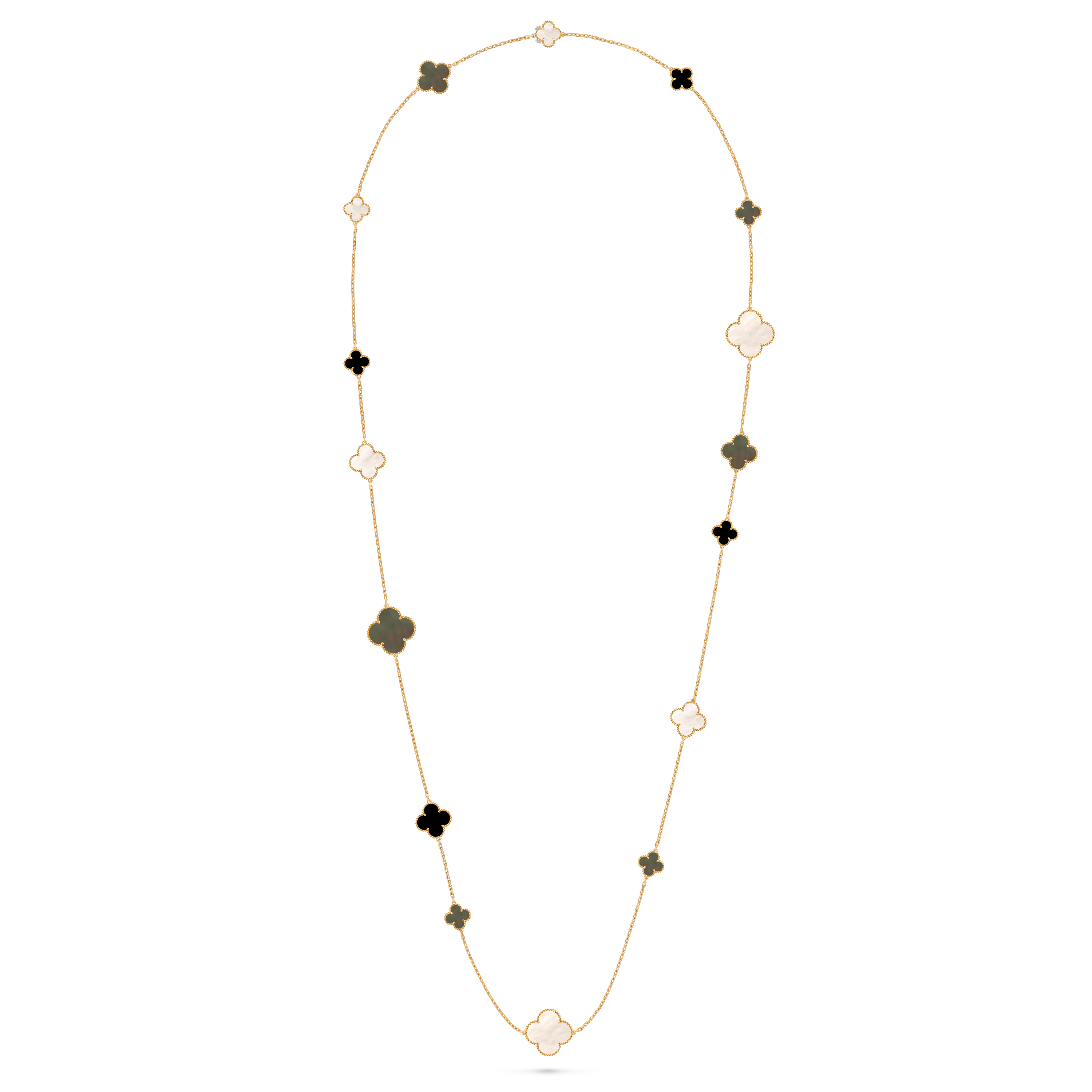 Magic Alhambra长项链，16枚四叶幸运图案, 18K黄金, 珍珠母贝:  13颗, 缟玛瑙:  4颗, Detail Alternative, Jewelry Long Necklace_梵克雅宝_Van Cleef & Arpels