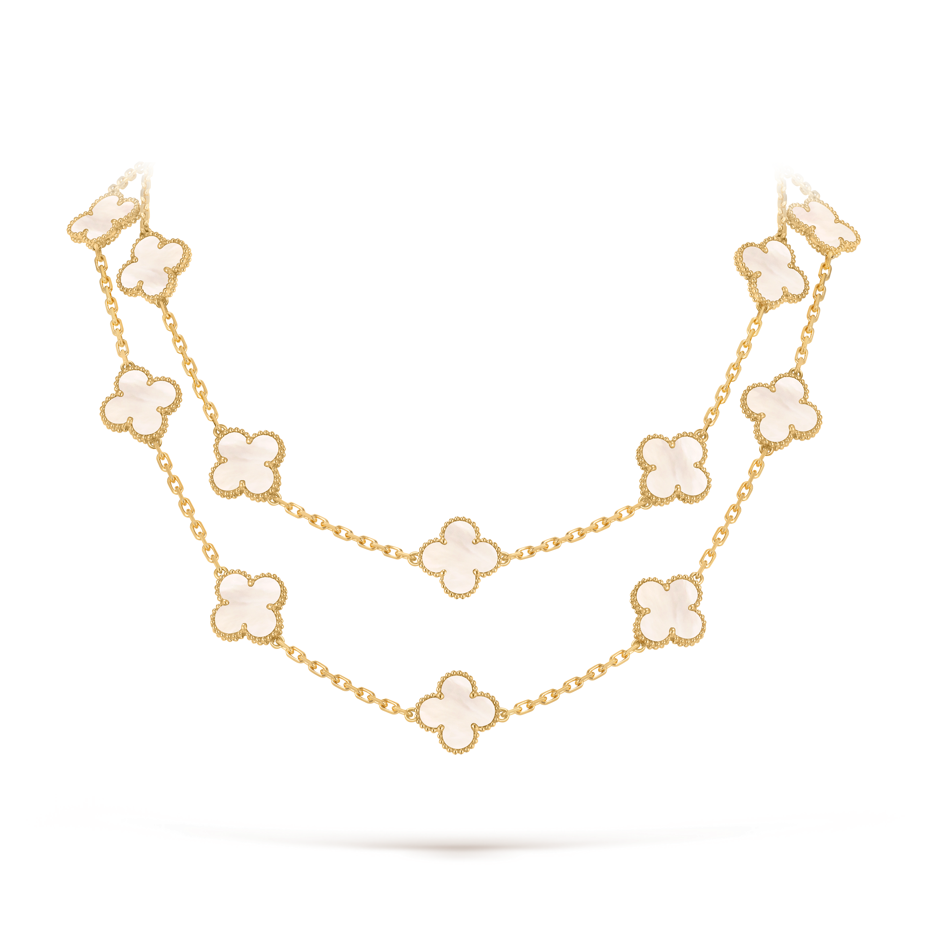 Vintage Alhambra long necklace, 20 motifs, 18K yellow gold, Mother-of-pearl:  20 stones, Detail, Jewelry Long Necklace - Van Cleef & Arpels