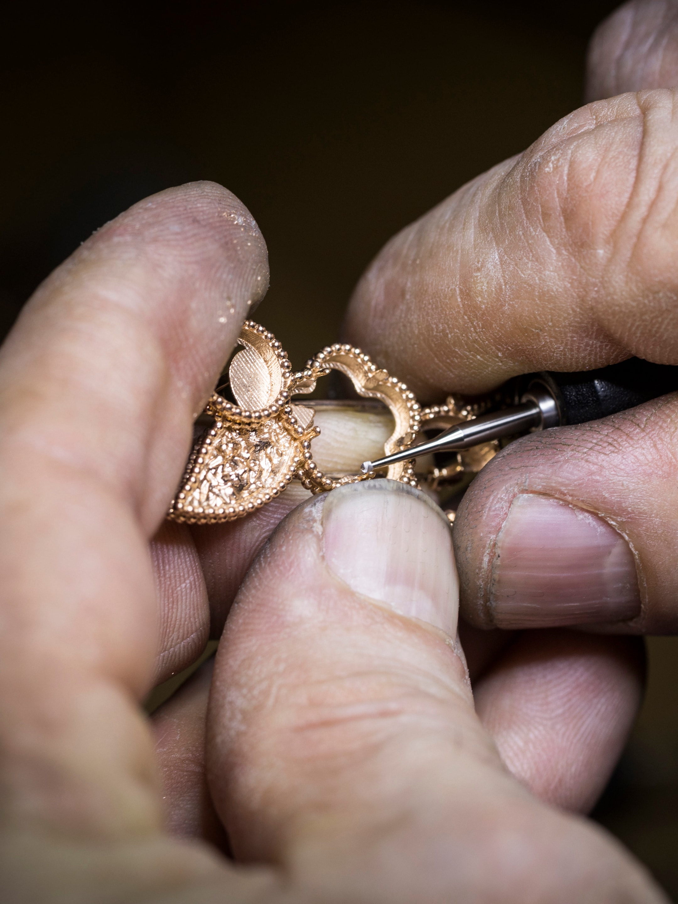 Lucky Spring clip. 18K rose gold, carnelian, mother-of-pearl, onyx. Lucky Spring collection, Van Cleef & Arpels.