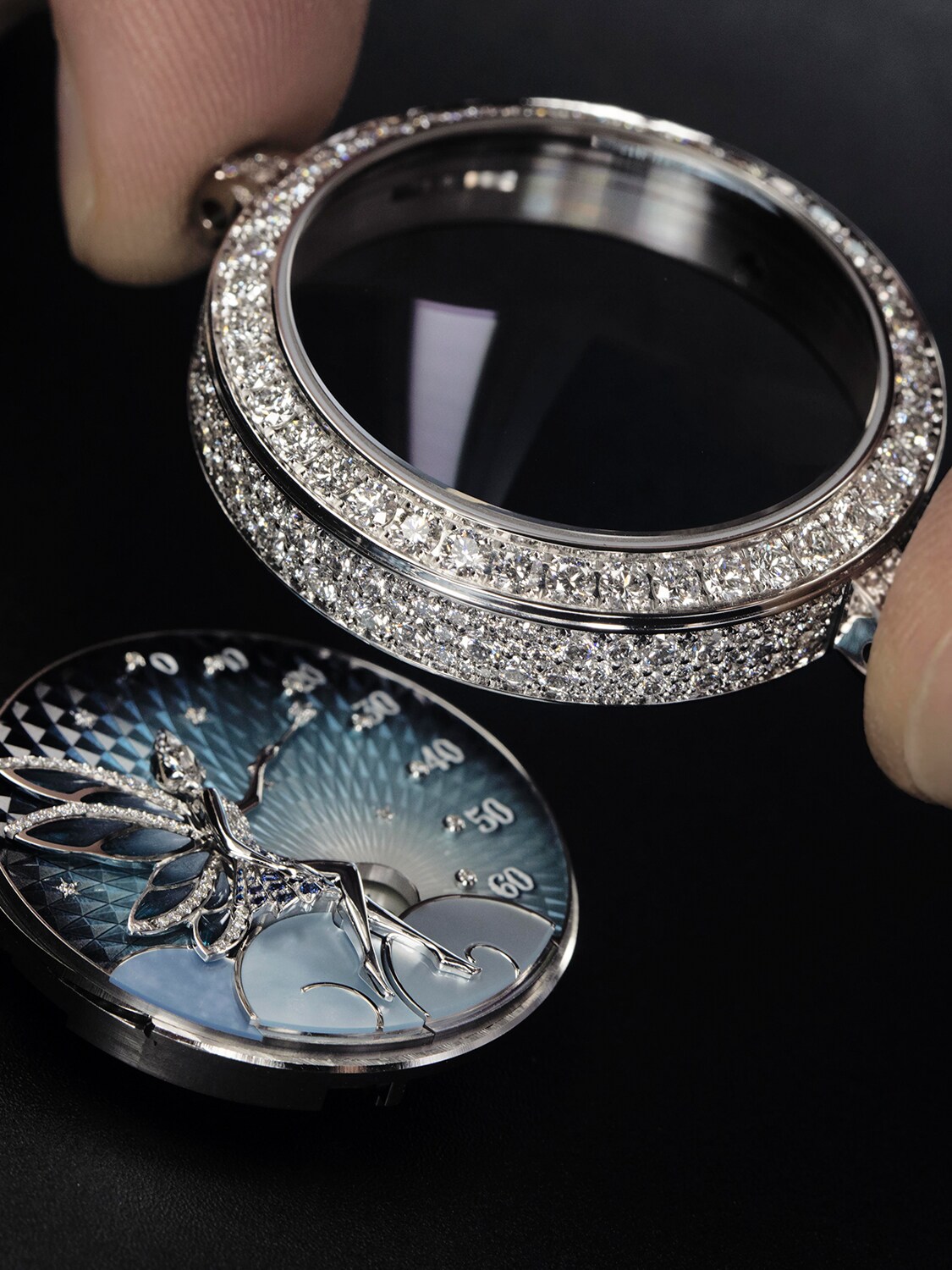 Lady Féerie watch, 18K white gold, Diamond, Mother-of-pearl, Sapphire, craftsmanship, Poetic complications, Van Cleef & Arpels